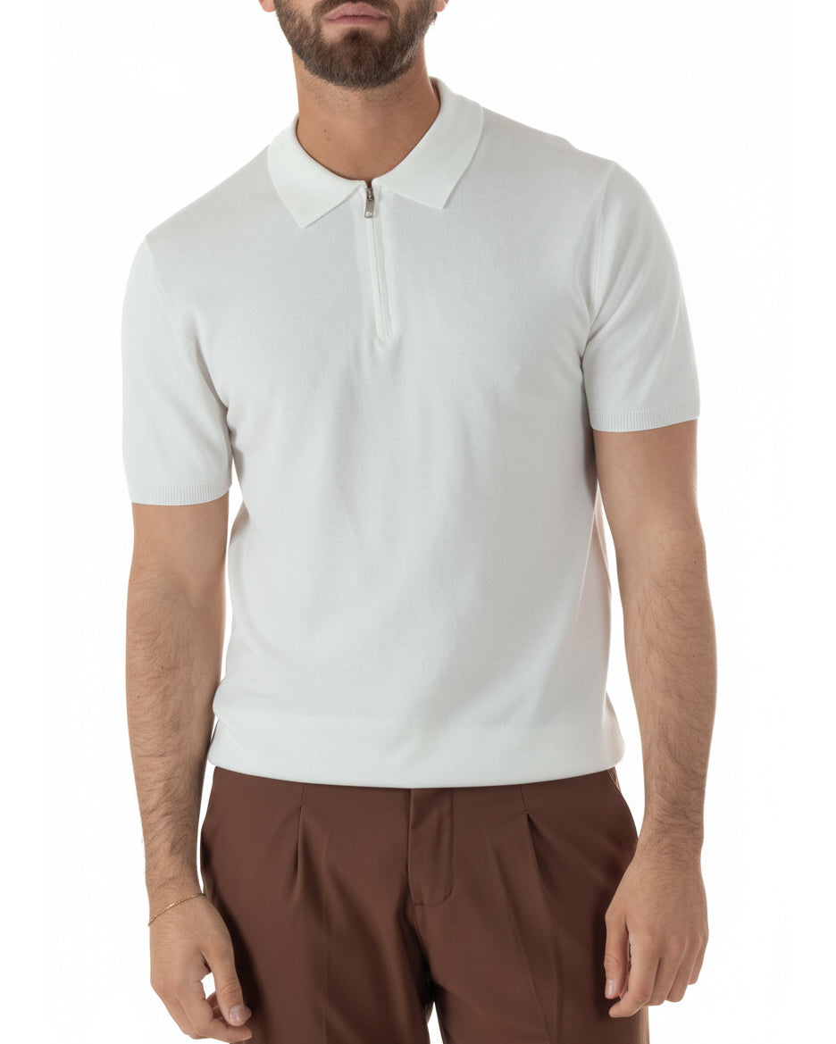 Polo uomo bianco filo maglia colletto con zip regular fit sottogiacca