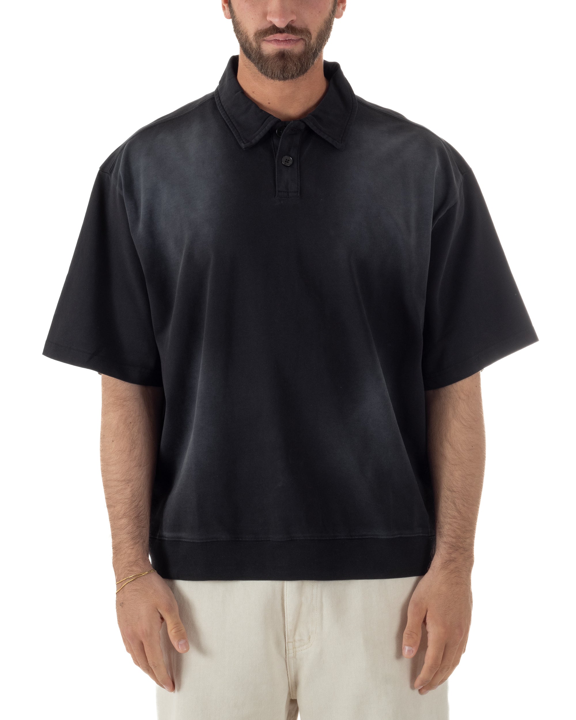 Vista completa polo uomo nero oversize washed vintage casual 100% cotone