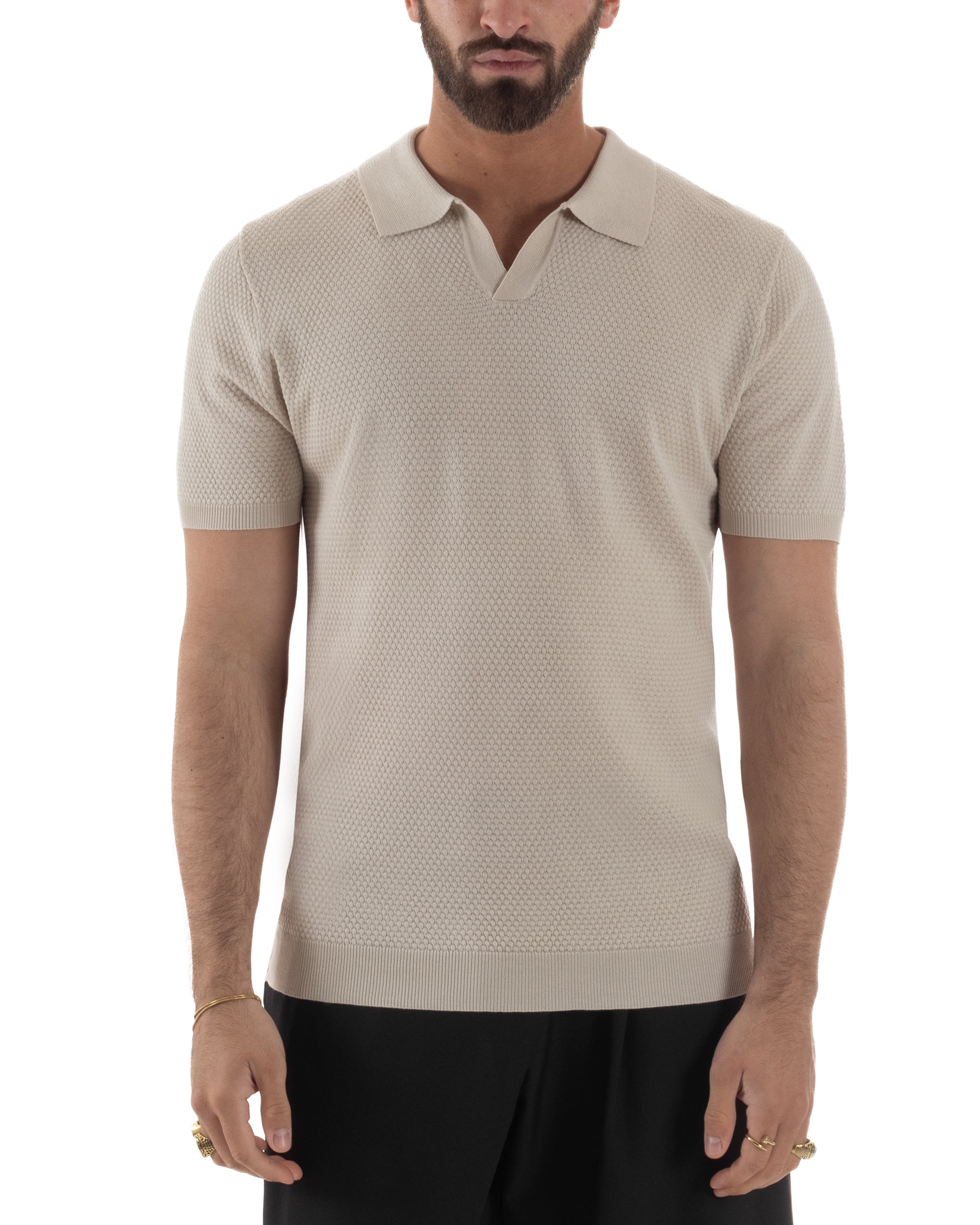 Polo uomo filo maglia traforata colletto t-shirt sottogiacca scollo v beige GIOSAL-TS3214A