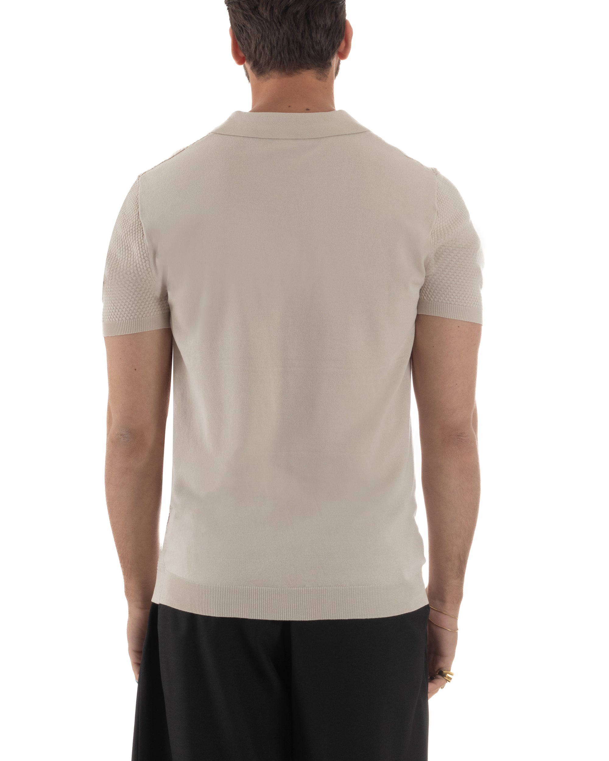 Polo uomo filo maglia traforata colletto t-shirt sottogiacca scollo v beige GIOSAL-TS3214A