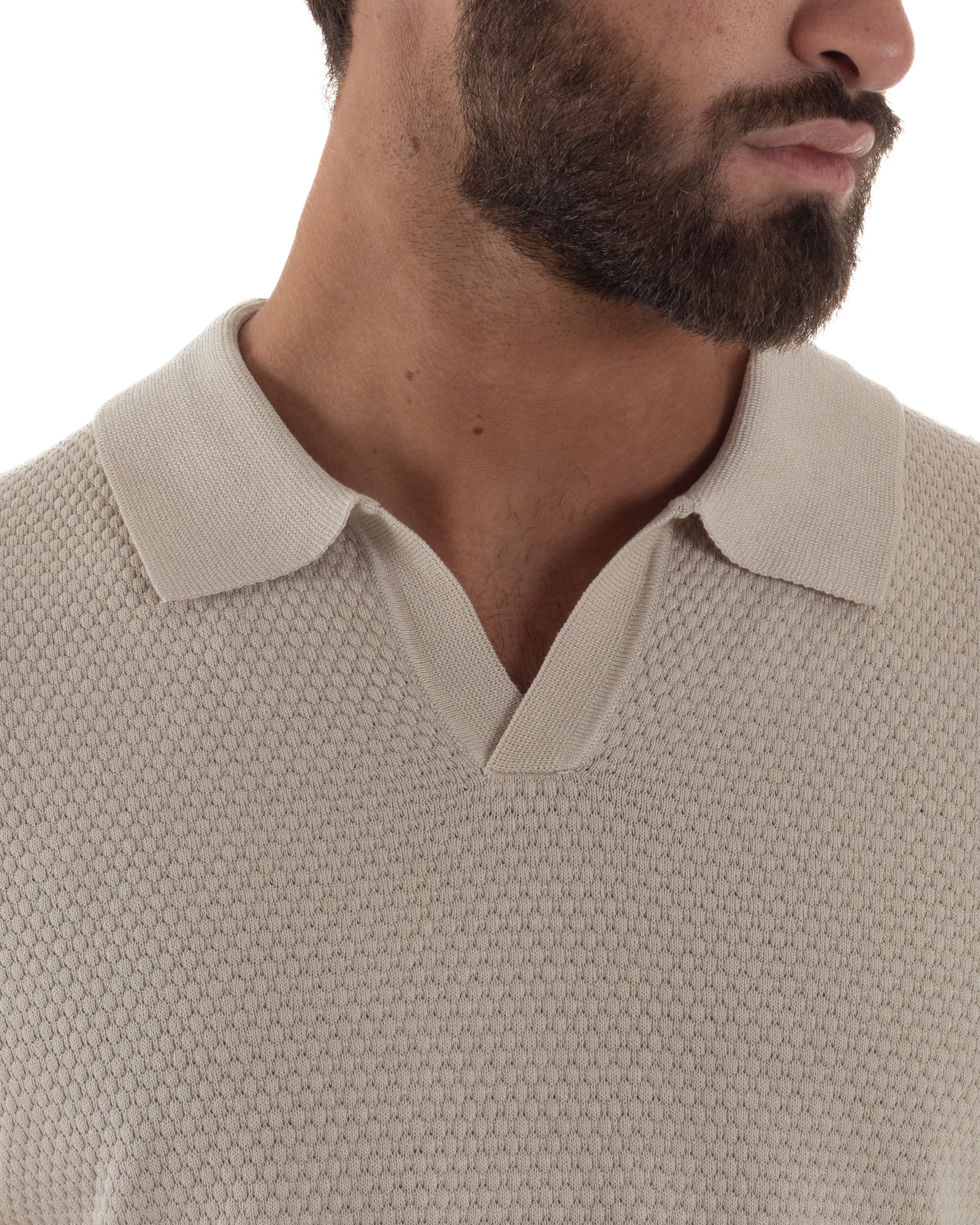 Polo uomo filo maglia traforata colletto t-shirt sottogiacca scollo v beige GIOSAL-TS3214A