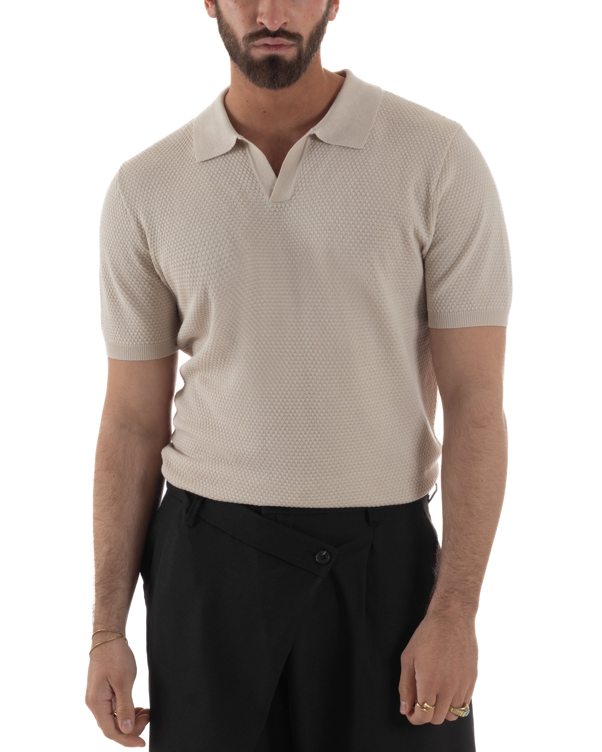 Polo uomo filo maglia traforata colletto t-shirt sottogiacca scollo v beige GIOSAL-TS3214A