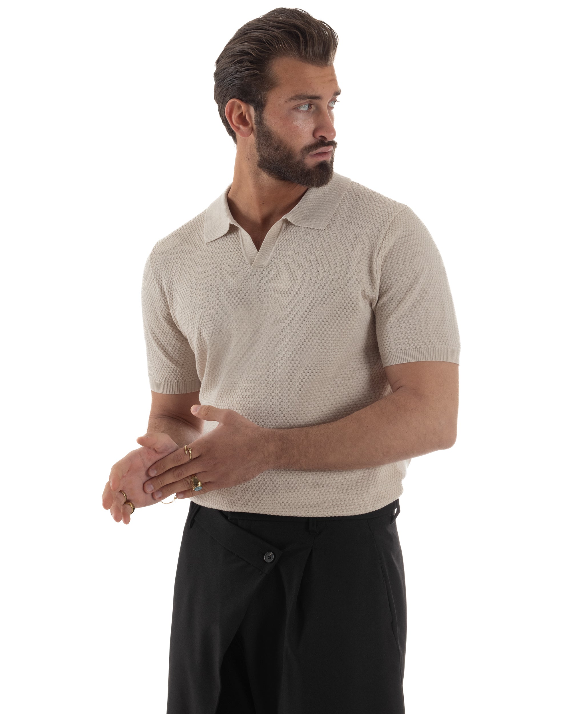 Polo uomo filo maglia traforata colletto t-shirt sottogiacca scollo v beige GIOSAL-TS3214A