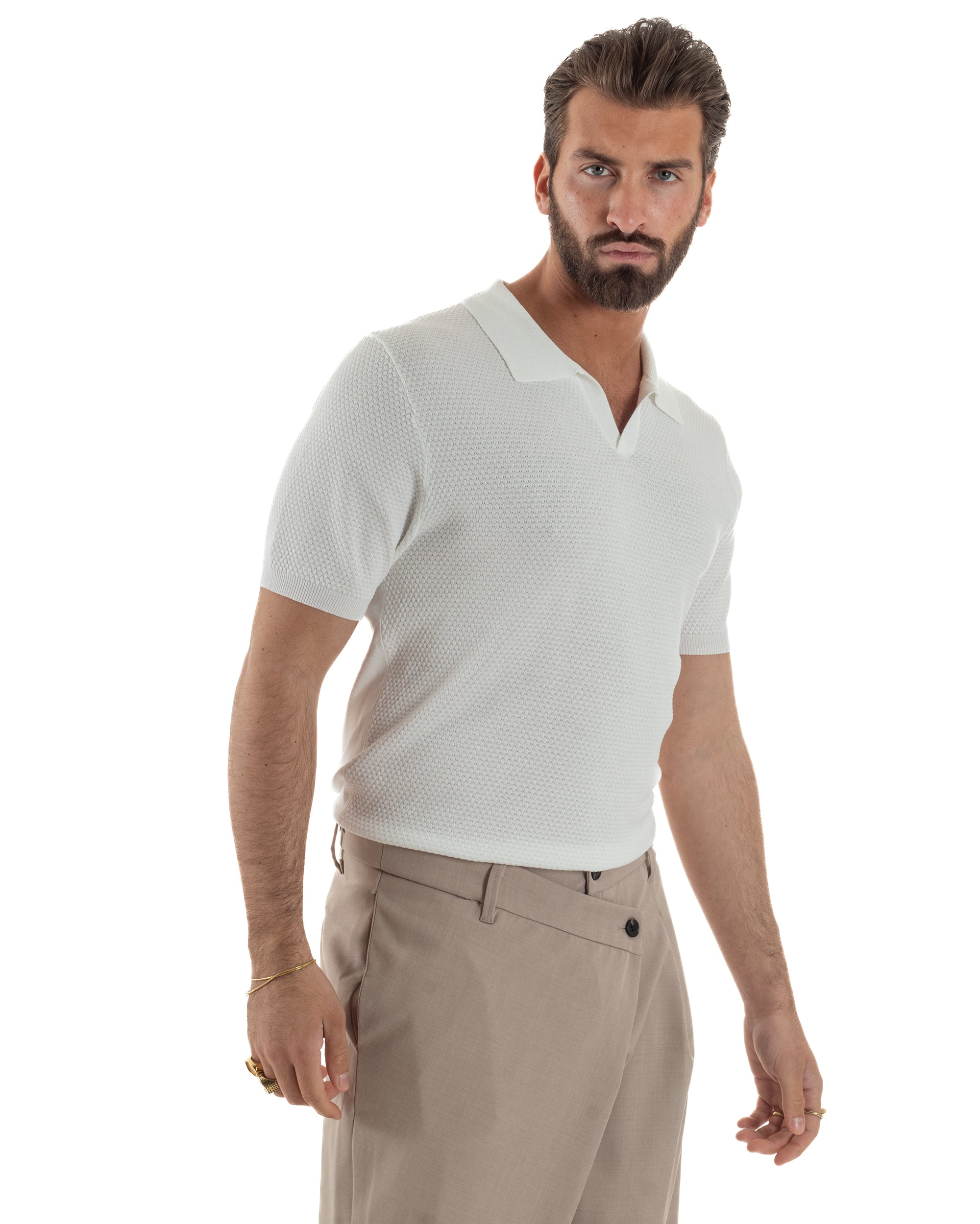 Polo uomo filo maglia traforata colletto t-shirt sottogiacca scollo v bianco GIOSAL-TS3215A