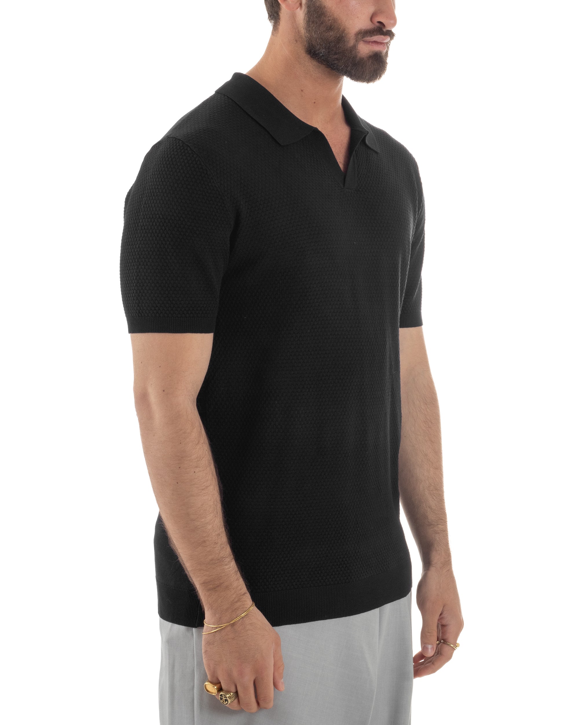 Polo uomo filo maglia traforata colletto t-shirt sottogiacca scollo v nero GIOSAL-TS3216A