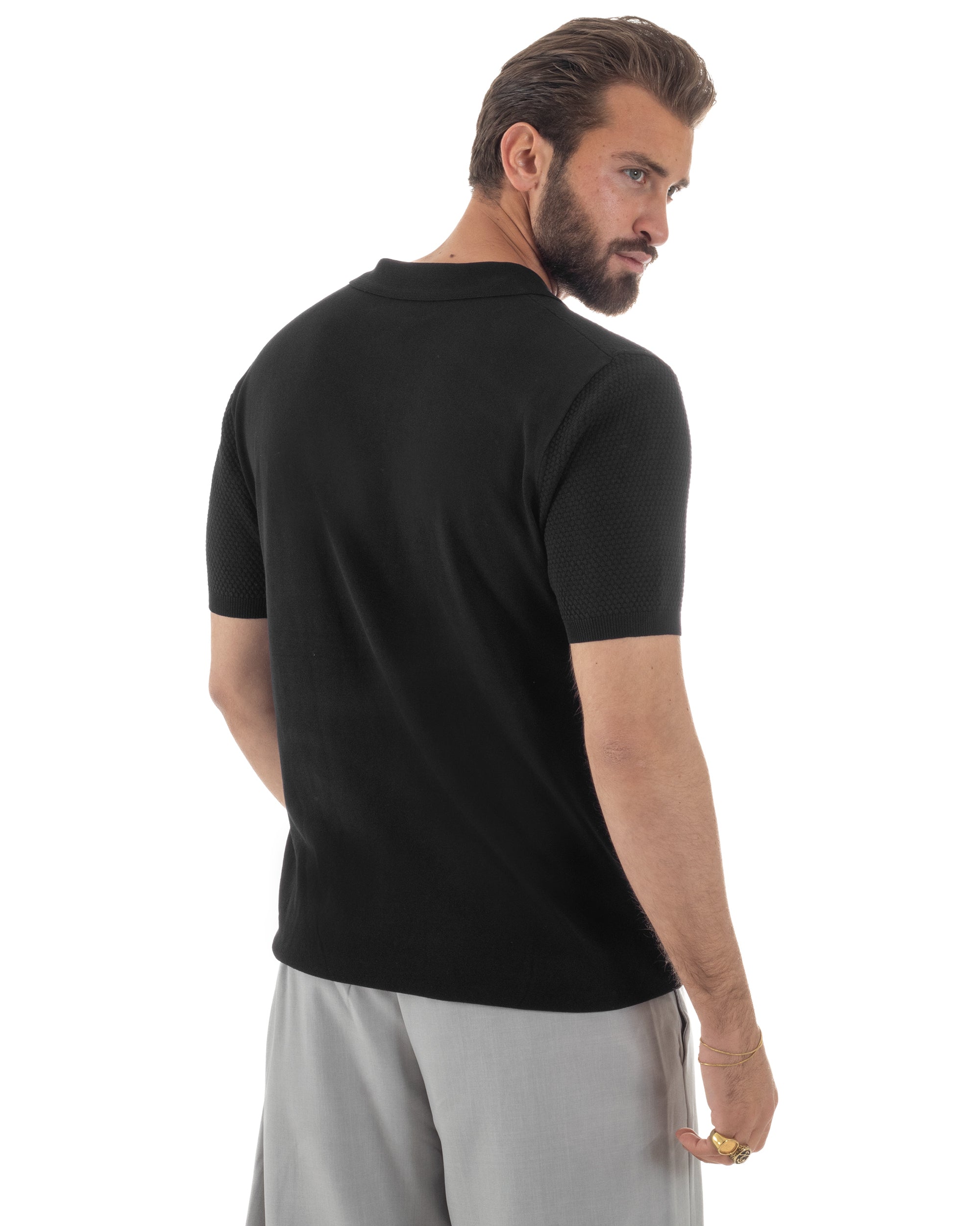 Polo uomo filo maglia traforata colletto t-shirt sottogiacca scollo v nero GIOSAL-TS3216A