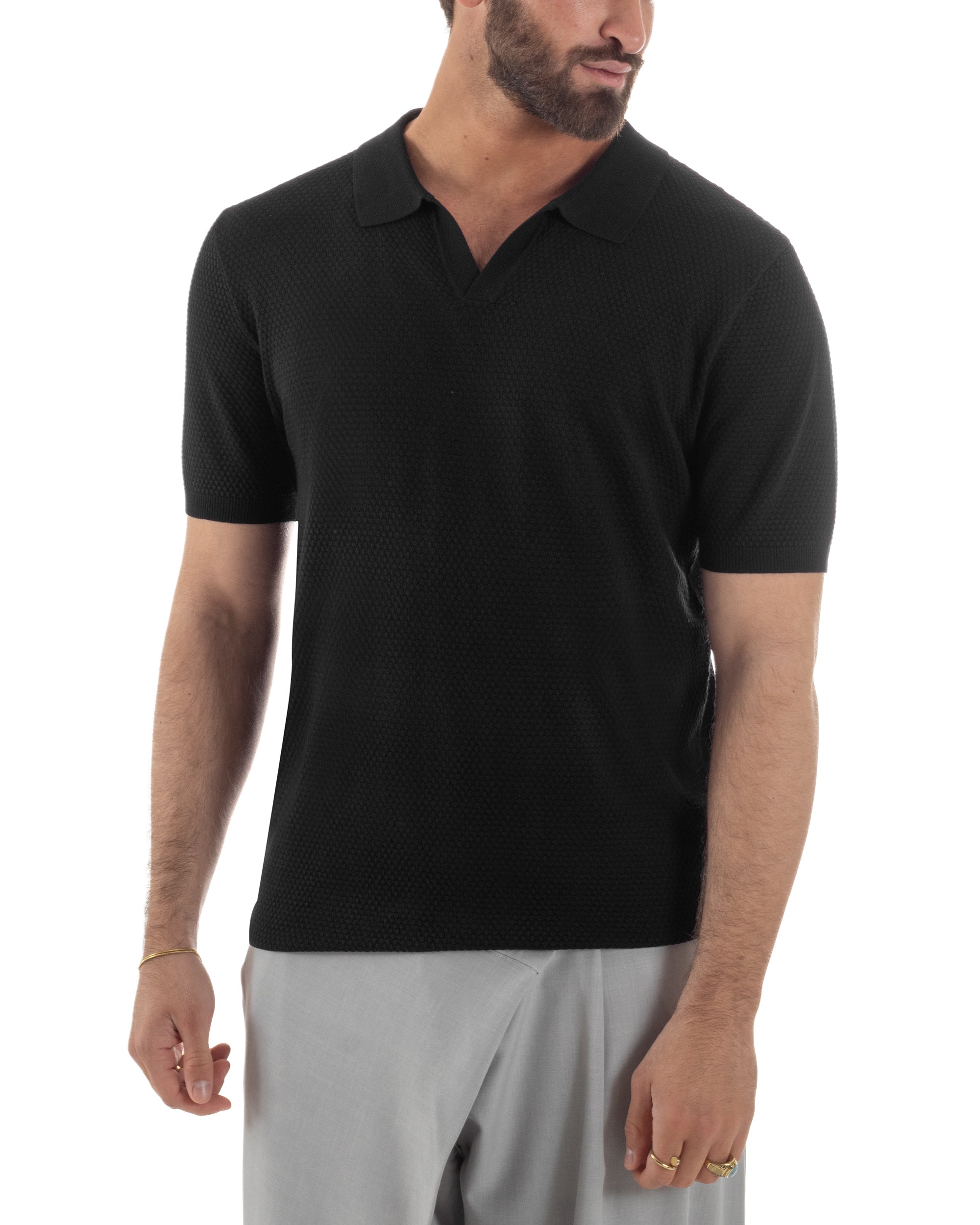 Polo uomo filo maglia traforata colletto t-shirt sottogiacca scollo v nero GIOSAL-TS3216A