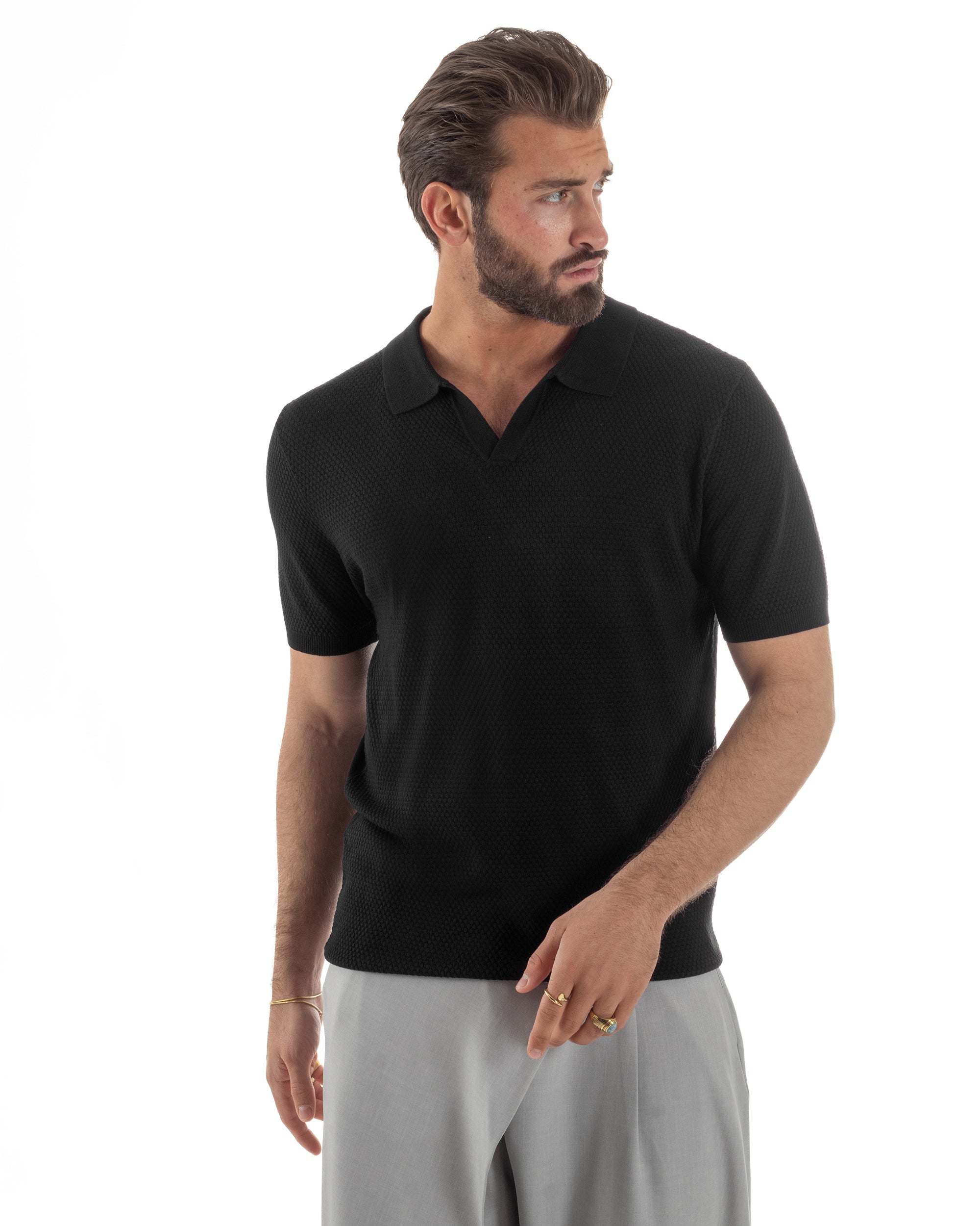 Polo uomo filo maglia traforata colletto t-shirt sottogiacca scollo v nero GIOSAL-TS3216A