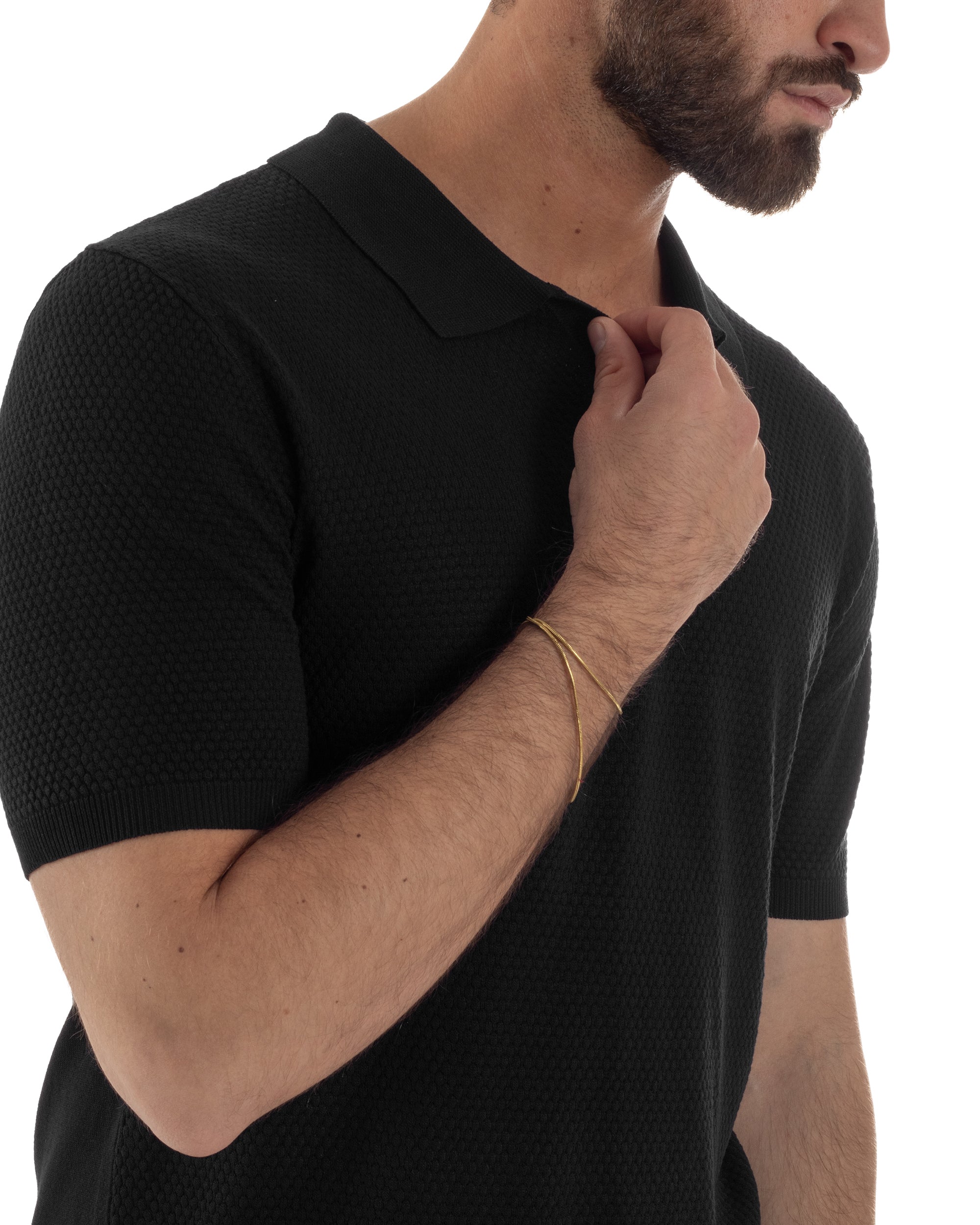 Polo uomo filo maglia traforata colletto t-shirt sottogiacca scollo v nero GIOSAL-TS3216A