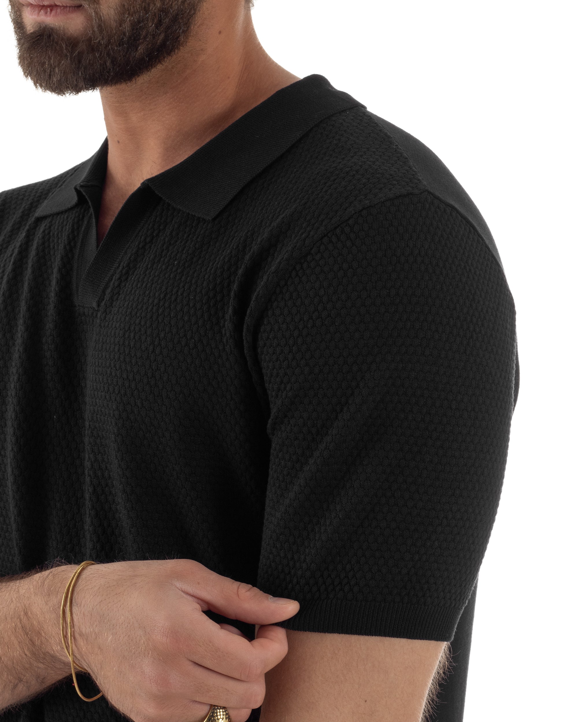 Polo uomo filo maglia traforata colletto t-shirt sottogiacca scollo v nero GIOSAL-TS3216A