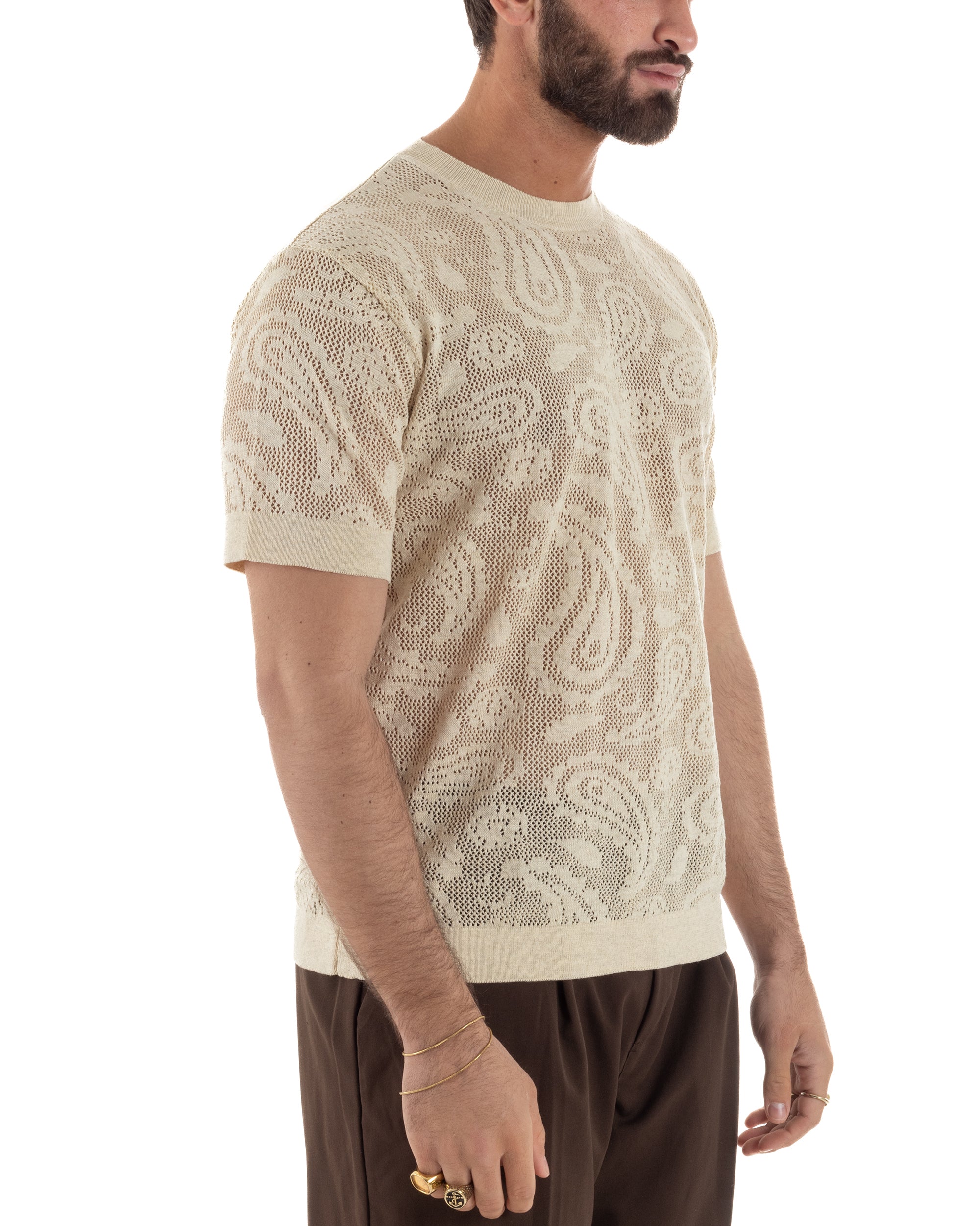 T-shirt uomo maglia traforata girocollo crochet jacquard panna BERNA M-261017
