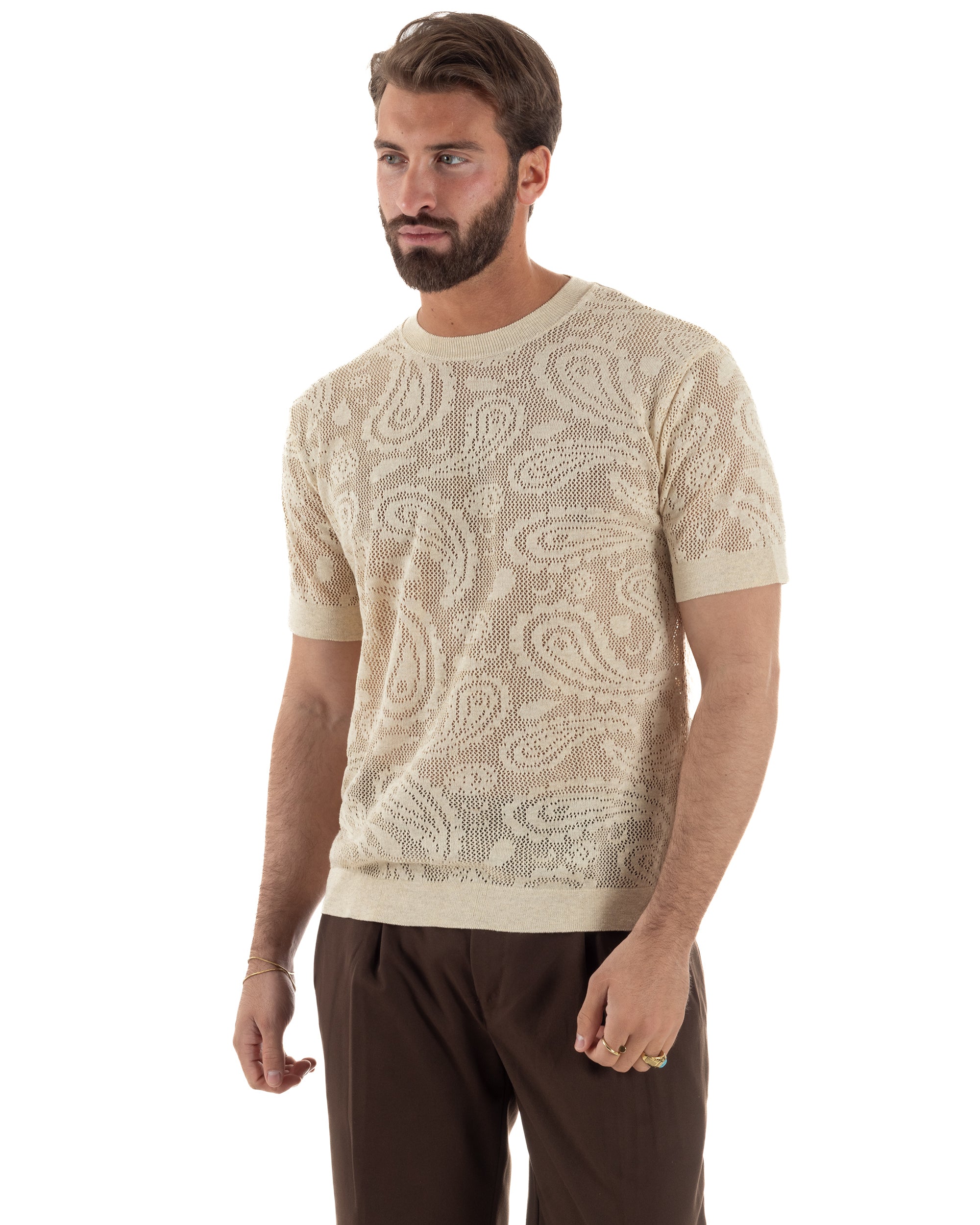 T-shirt uomo maglia traforata girocollo crochet jacquard panna BERNA M-261017