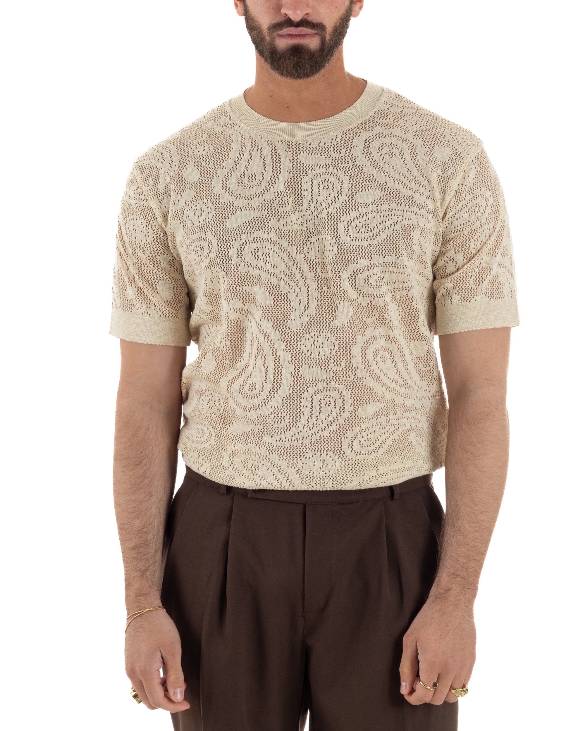 T-shirt uomo maglia traforata girocollo crochet jacquard panna BERNA M-261017