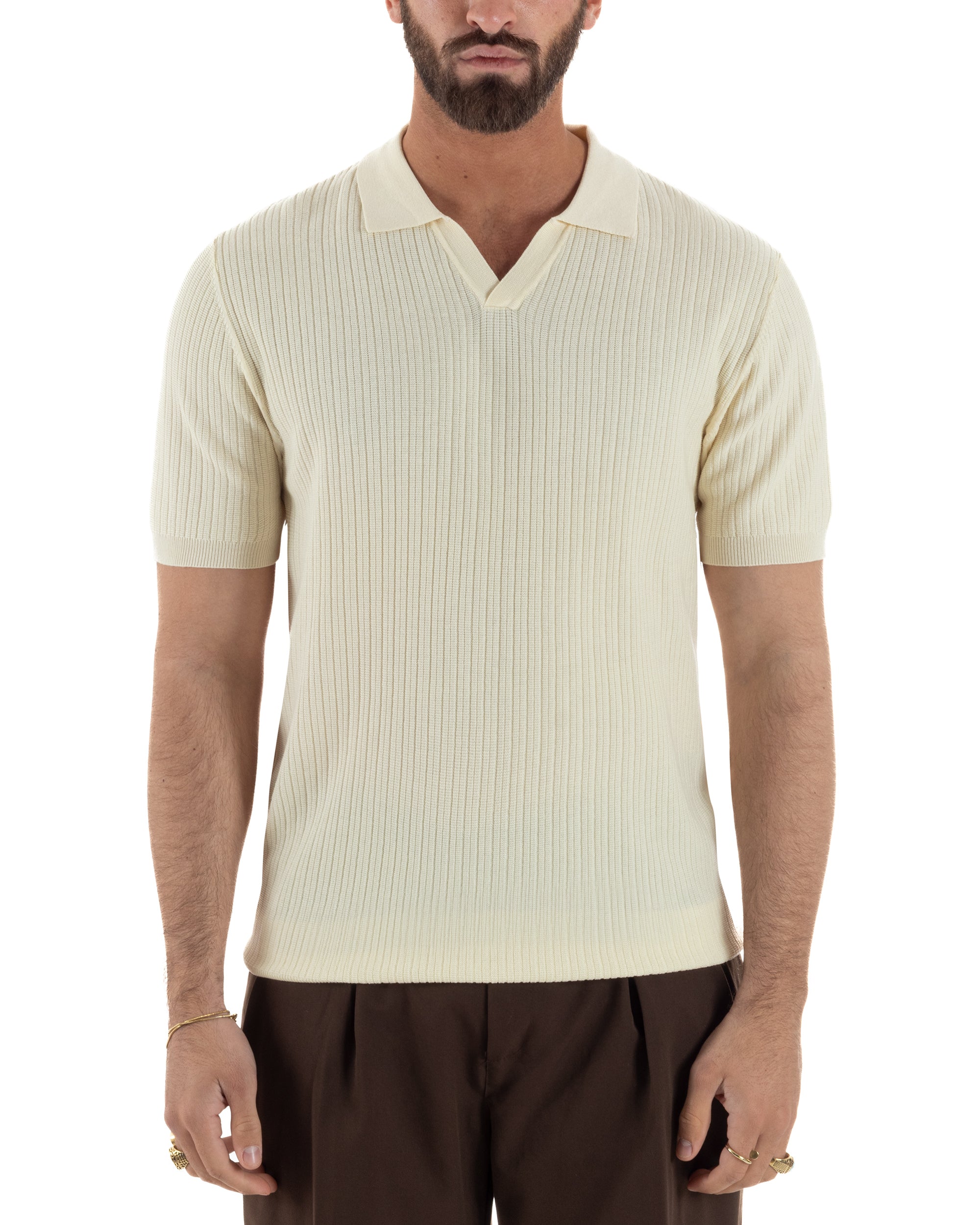 Vista completa polo uomo panna costine scollo v leggera traspirante estiva