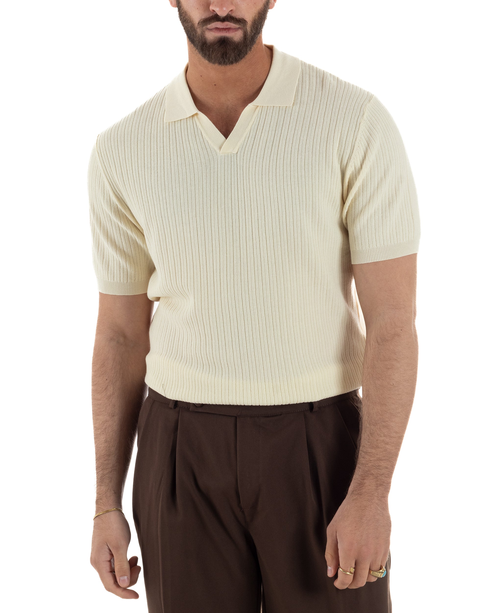 Polo uomo panna filo maglia costine colletto aperto scollo v regular fit