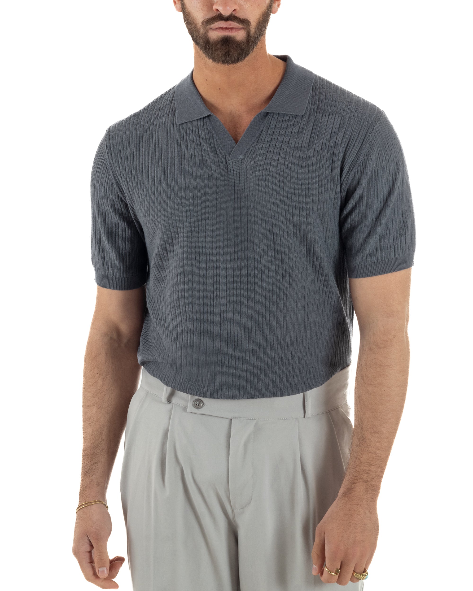 Polo uomo piombo filo maglia costine colletto aperto scollo v regular fit