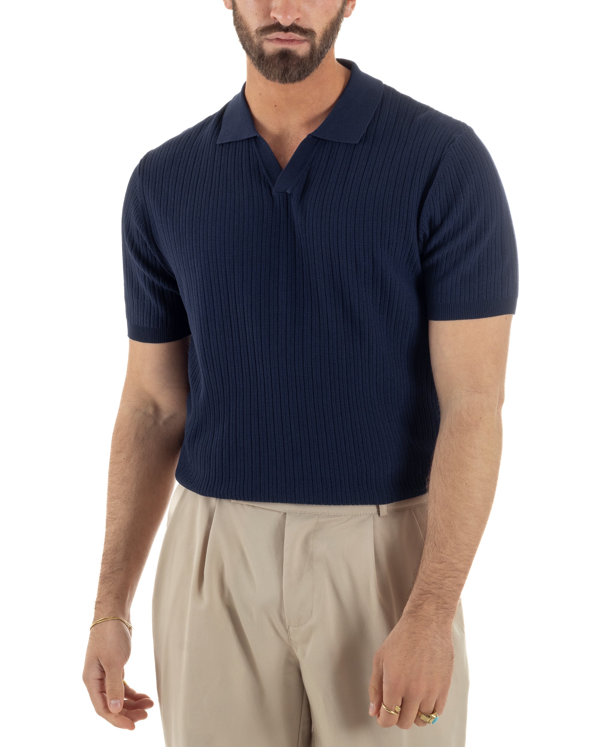 Polo uomo blu filo maglia costine colletto aperto scollo v regular fit