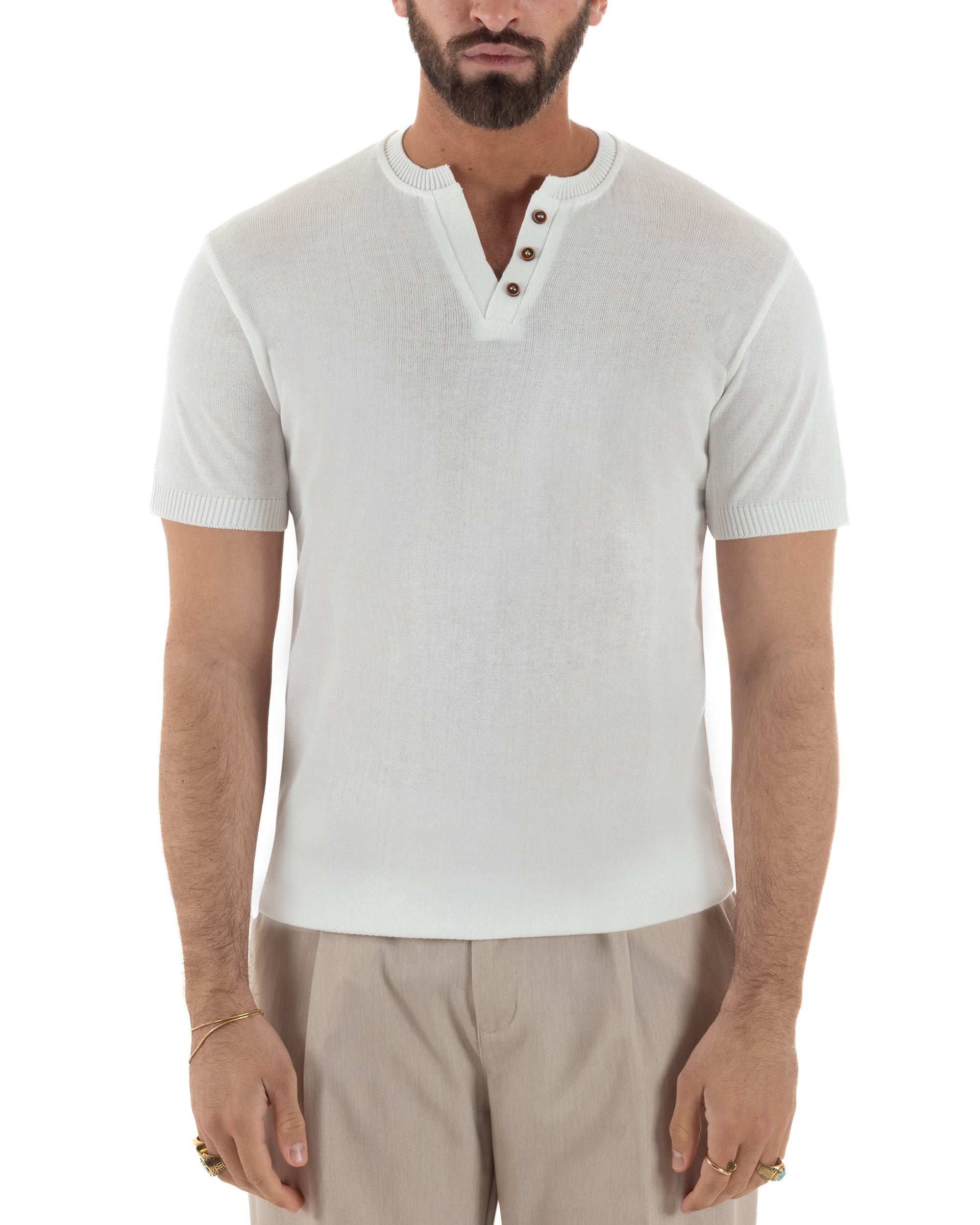 Dettaglio texture filo maglia leggera polo bianco 100% acrilico regular fit