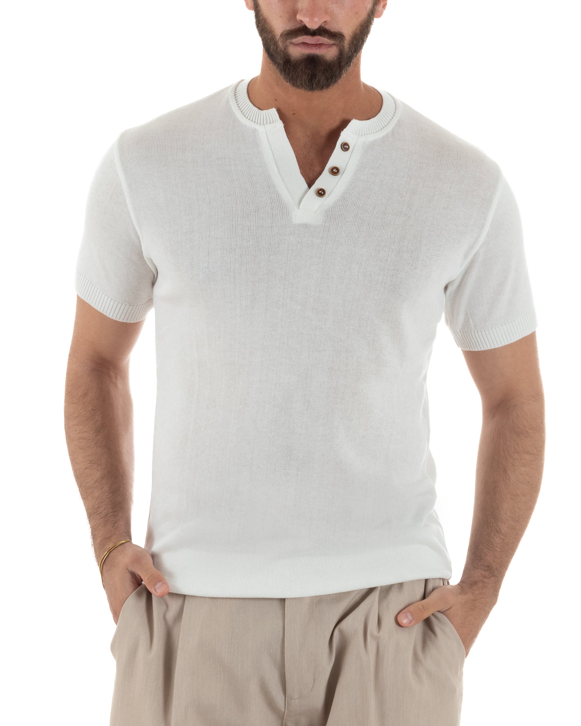 Polo uomo bianco filo maglia colletto serafino 3 bottoni tono su tono regular fit
