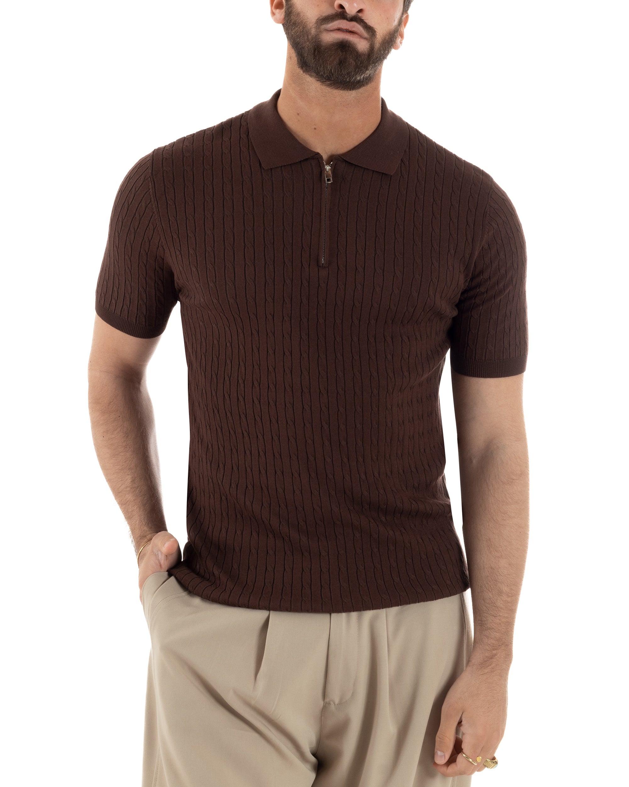 Polo uomo marrone filo maglia costine colletto con zip regular fit sottogiacca