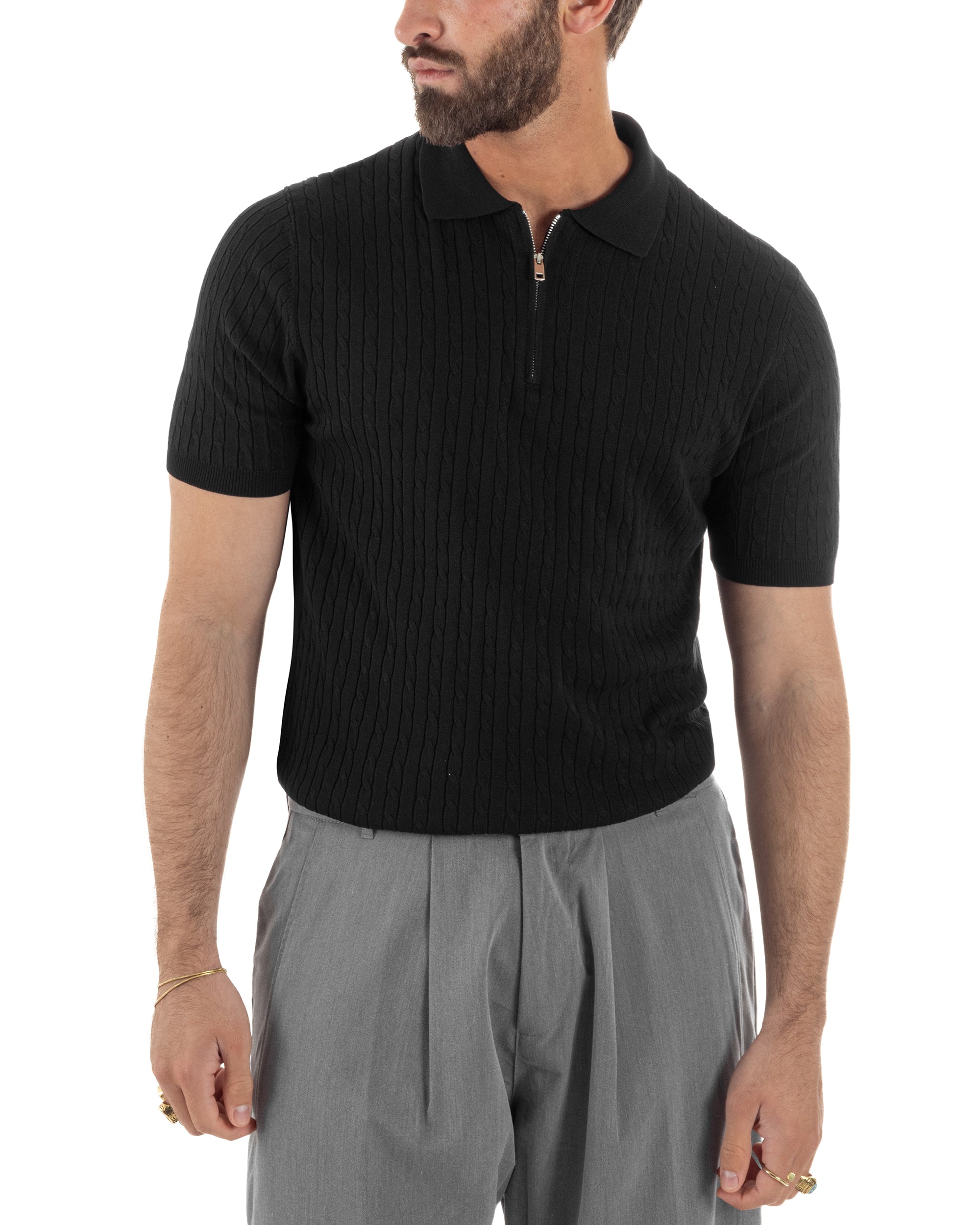Polo uomo nero filo maglia costine colletto con zip regular fit sottogiacca