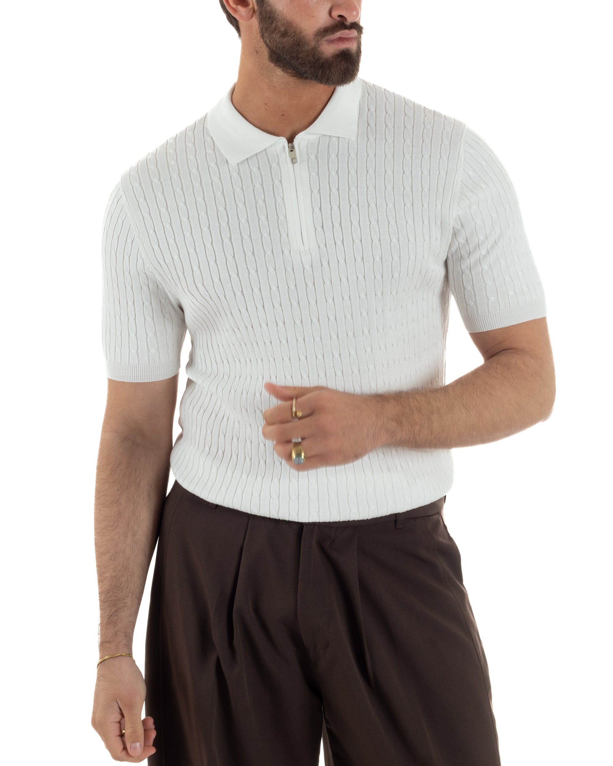 Polo uomo bianco filo maglia costine colletto con zip regular fit sottogiacca