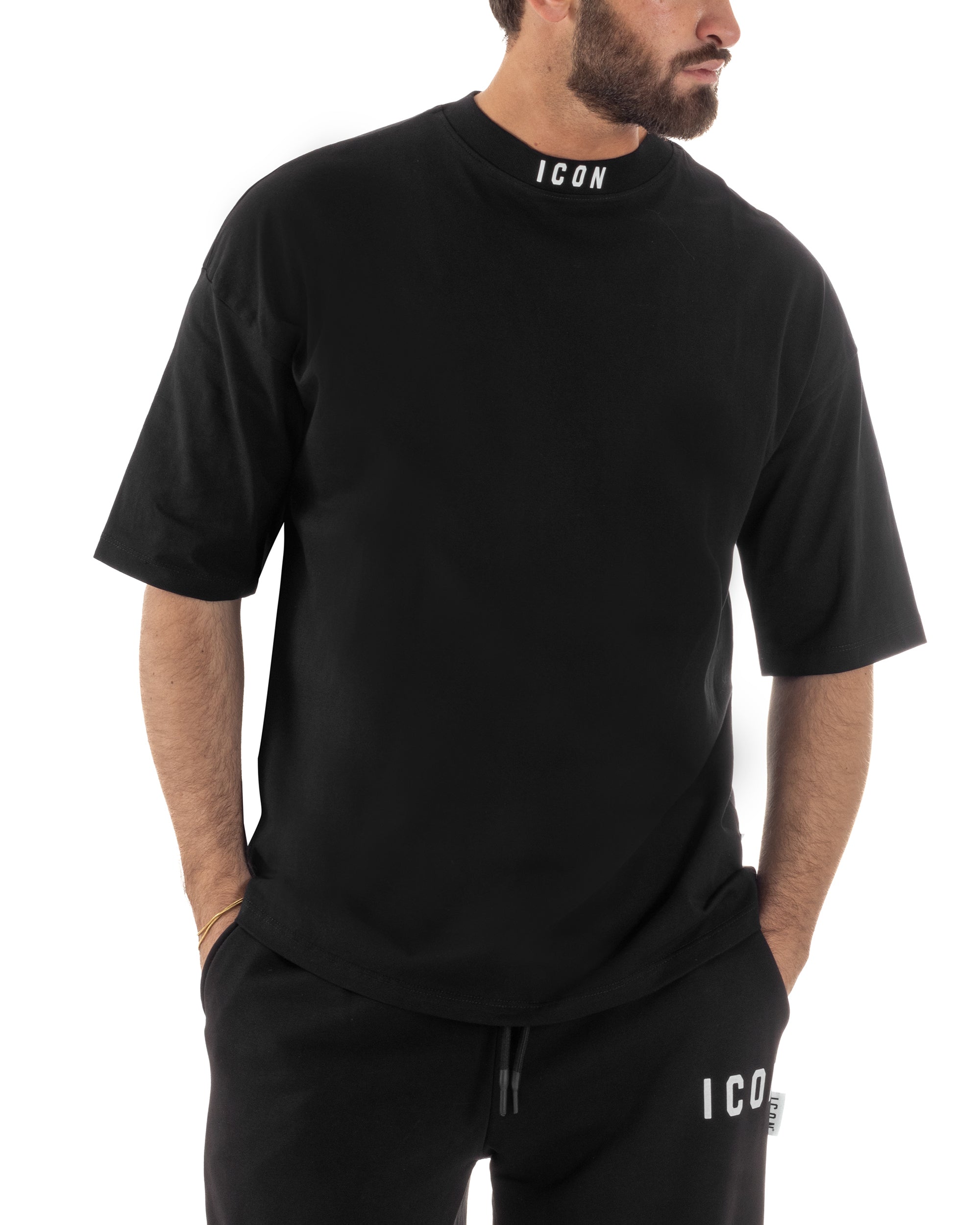 T-shirt uomo mezzo collo stampa basic oversize gola alta nero ICON IUT008