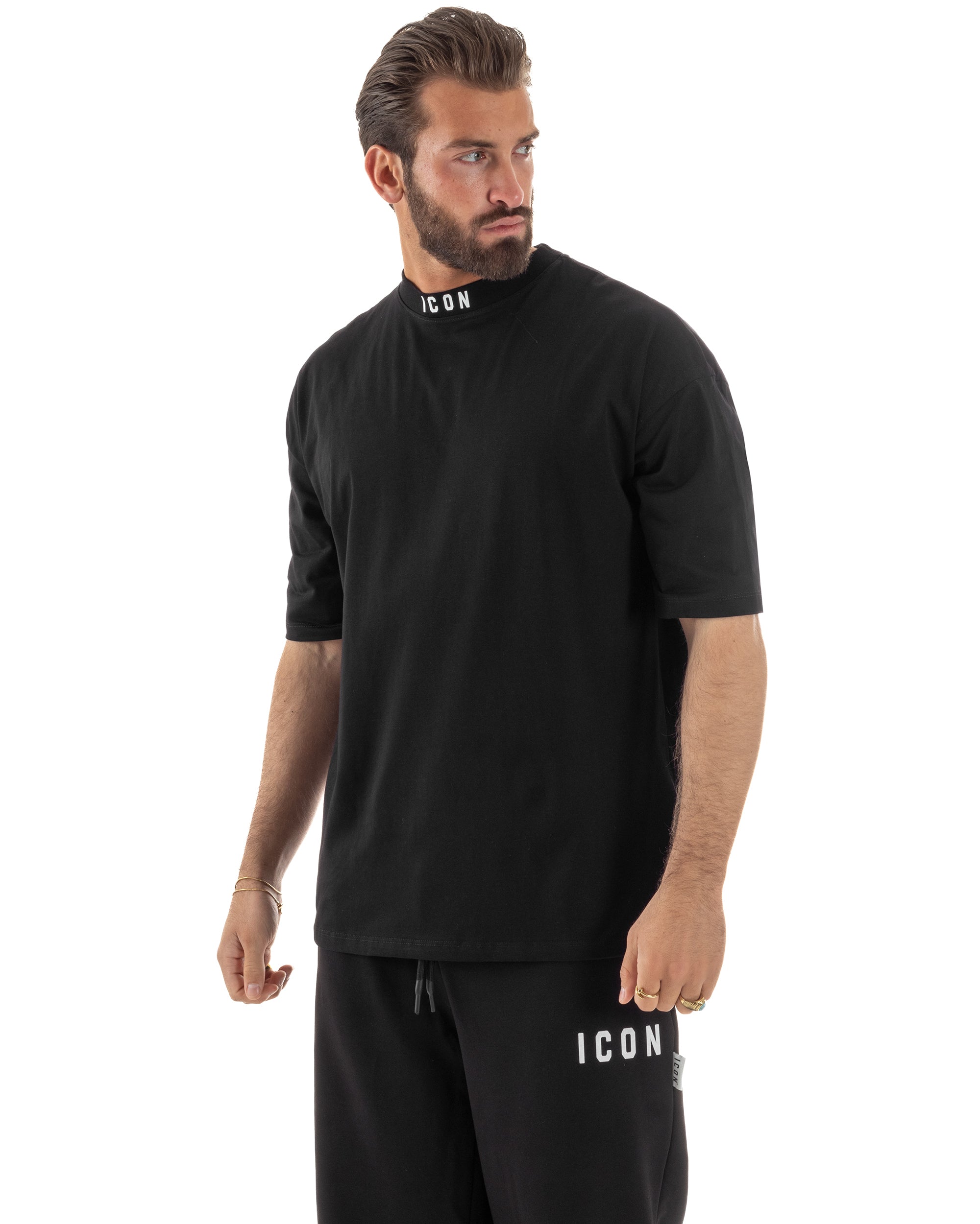 T-shirt uomo mezzo collo stampa basic oversize gola alta nero ICON IUT008