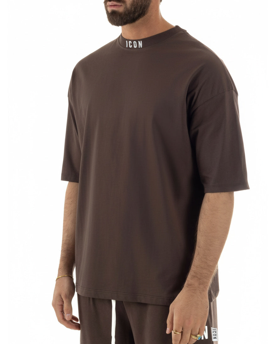 T-shirt uomo mezzo collo stampa basic oversize gola alta marrone ICON IUT008