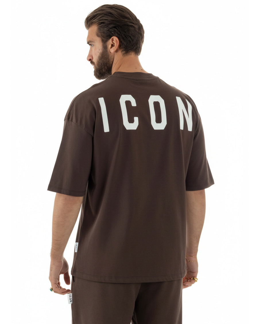 T-shirt uomo mezzo collo stampa basic oversize gola alta marrone ICON IUT008