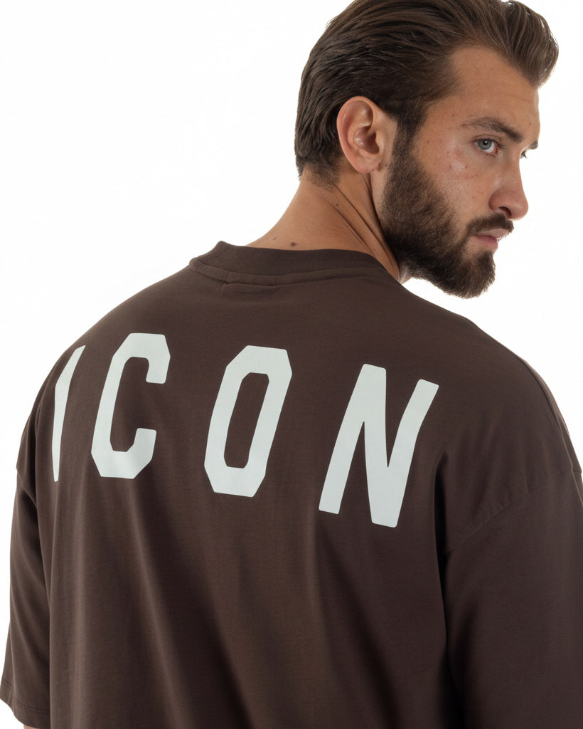 T-shirt uomo mezzo collo stampa basic oversize gola alta marrone ICON IUT008