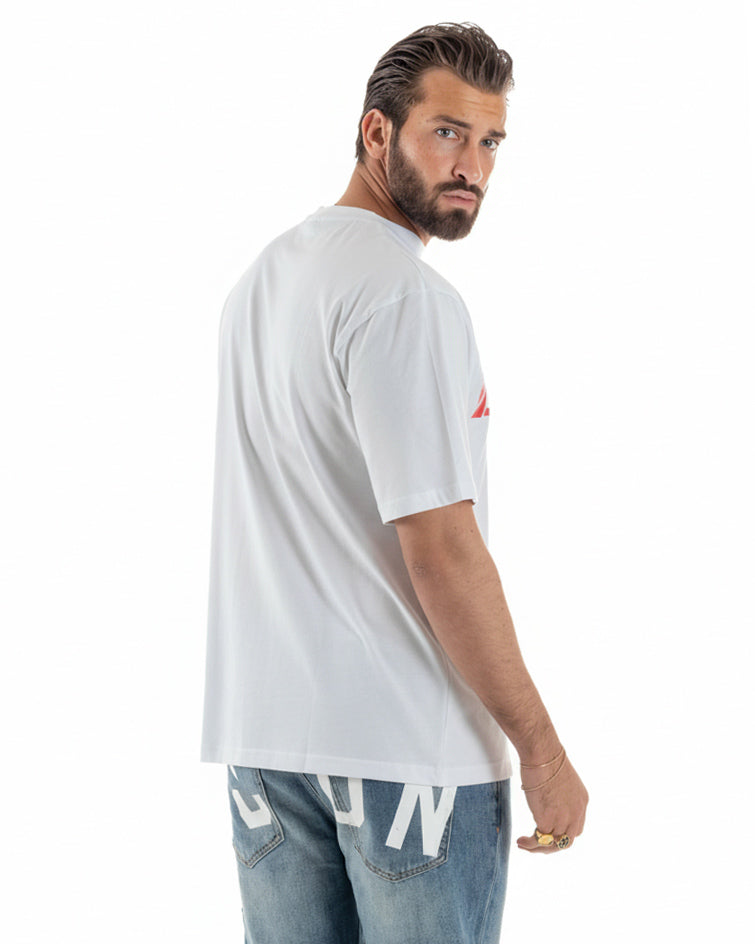 Vista posteriore t-shirt uomo bianco oversize stampa grafica Icon made in Italy