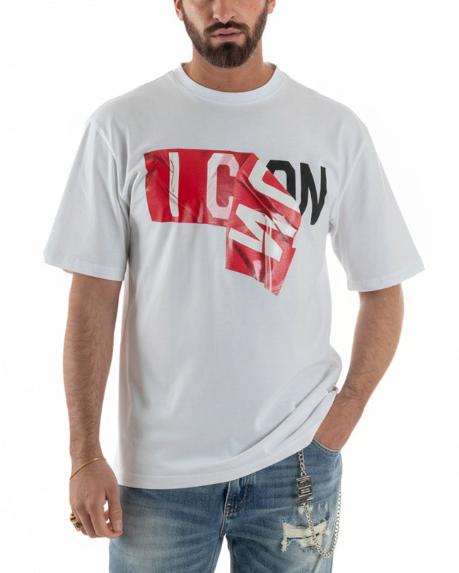 T-shirt uomo bianco oversize stampa rilievo lucido logo Icon girocollo cotone