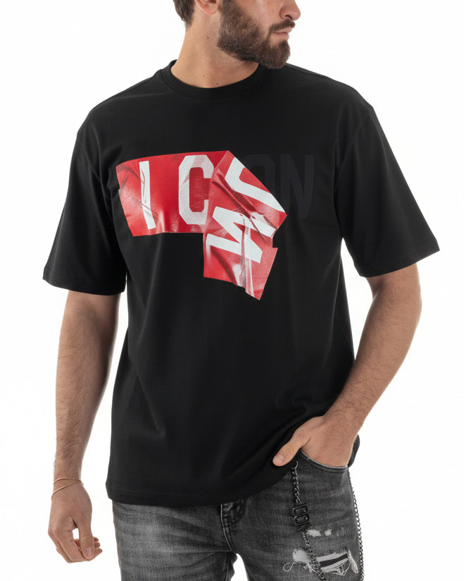 T-shirt uomo nero oversize stampa rilievo lucido logo Icon girocollo cotone