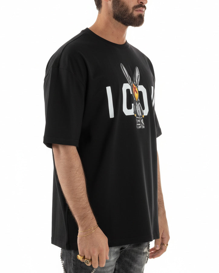 T-shirt uomo girocollo stampa pupazzo basic nero ICON IUT026