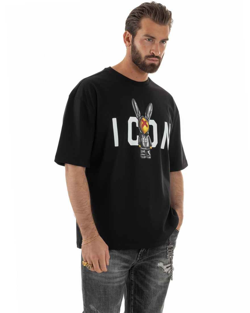 T-shirt uomo girocollo stampa pupazzo basic nero ICON IUT026