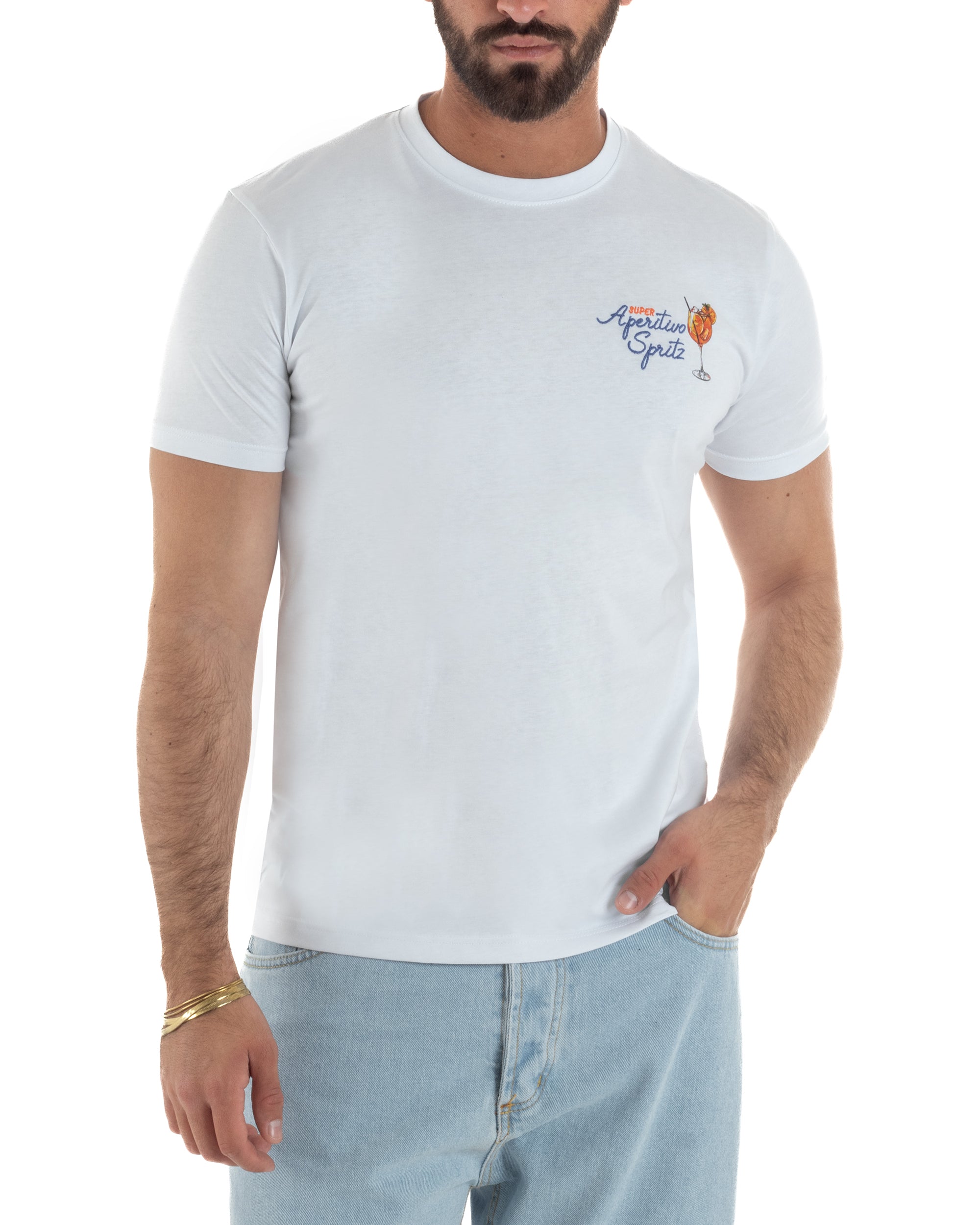 T-shirt uomo bianco regular fit ricamo Super Aperitivo Spritz petto sinistro Superculture