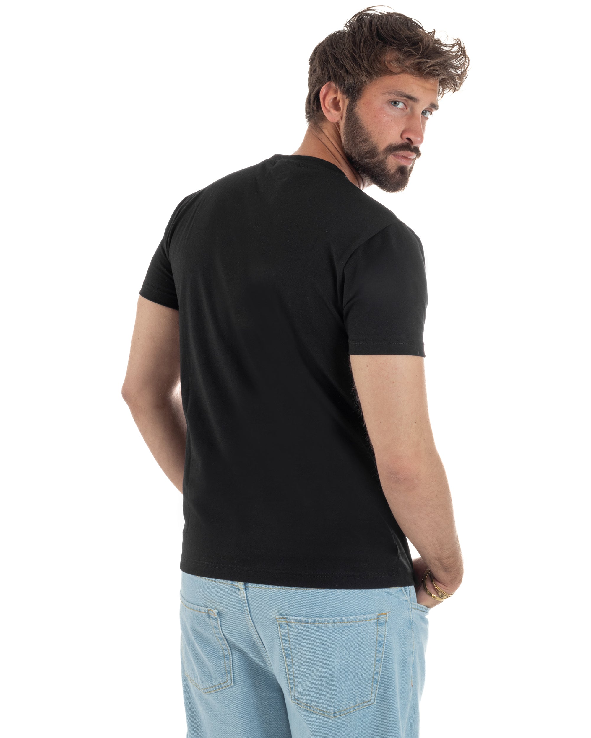 Vista posteriore t-shirt uomo nero girocollo ricamo fronte retro pulito 100% cotone made in Italy