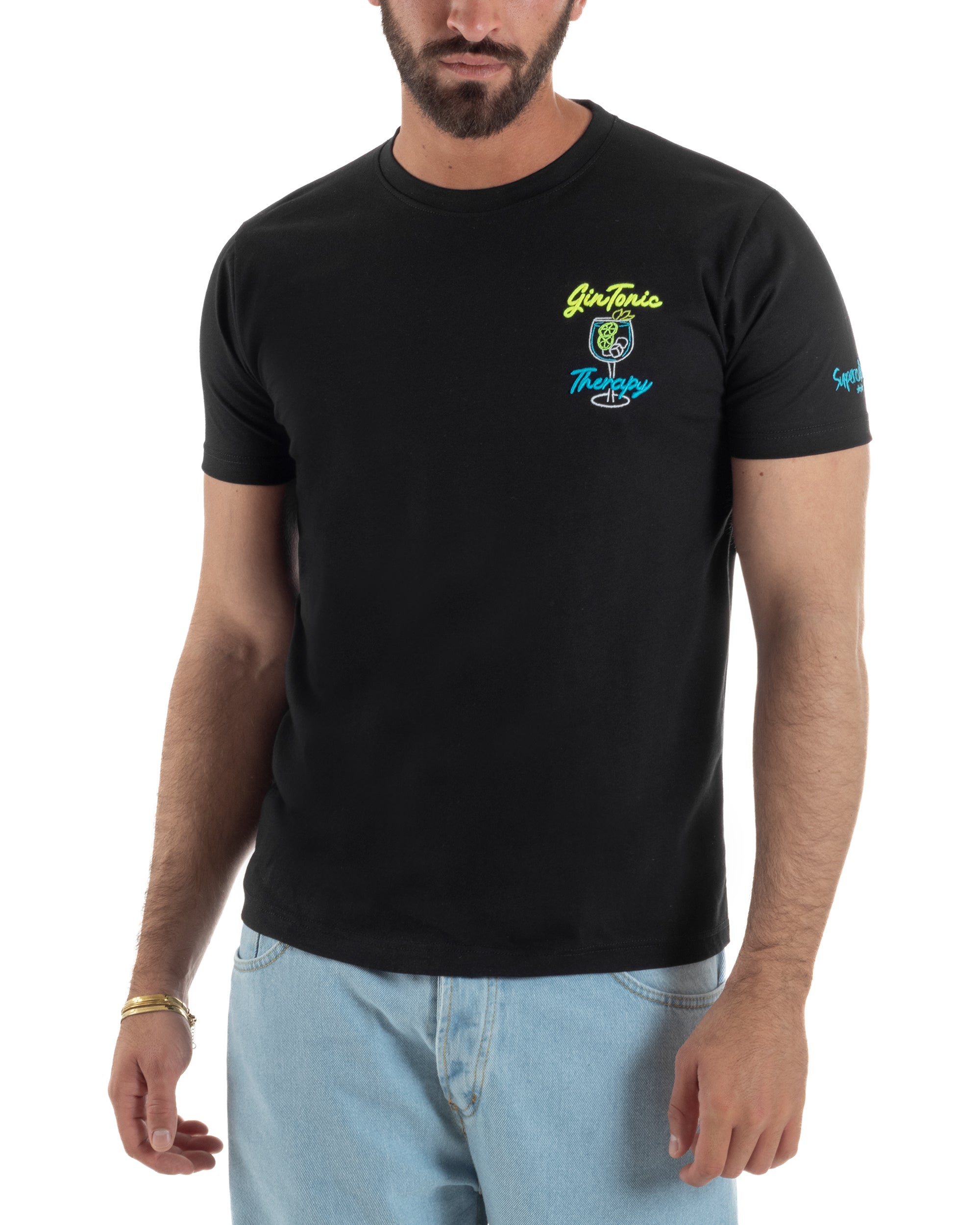 T-shirt uomo nero regular fit ricamo Gin Tonic Therapy calice balloon Superculture
