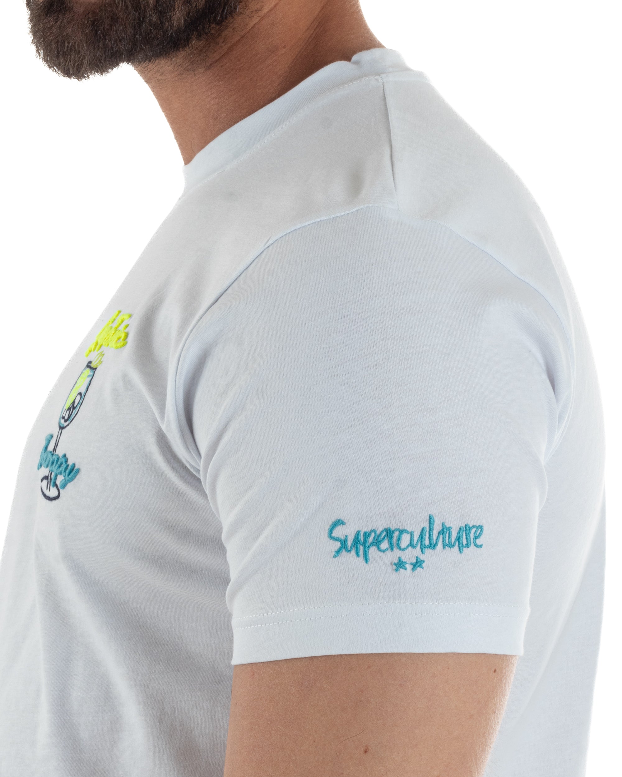 Dettaglio logo Superculture ricamato manica sinistra filo turchese due stelle bianco