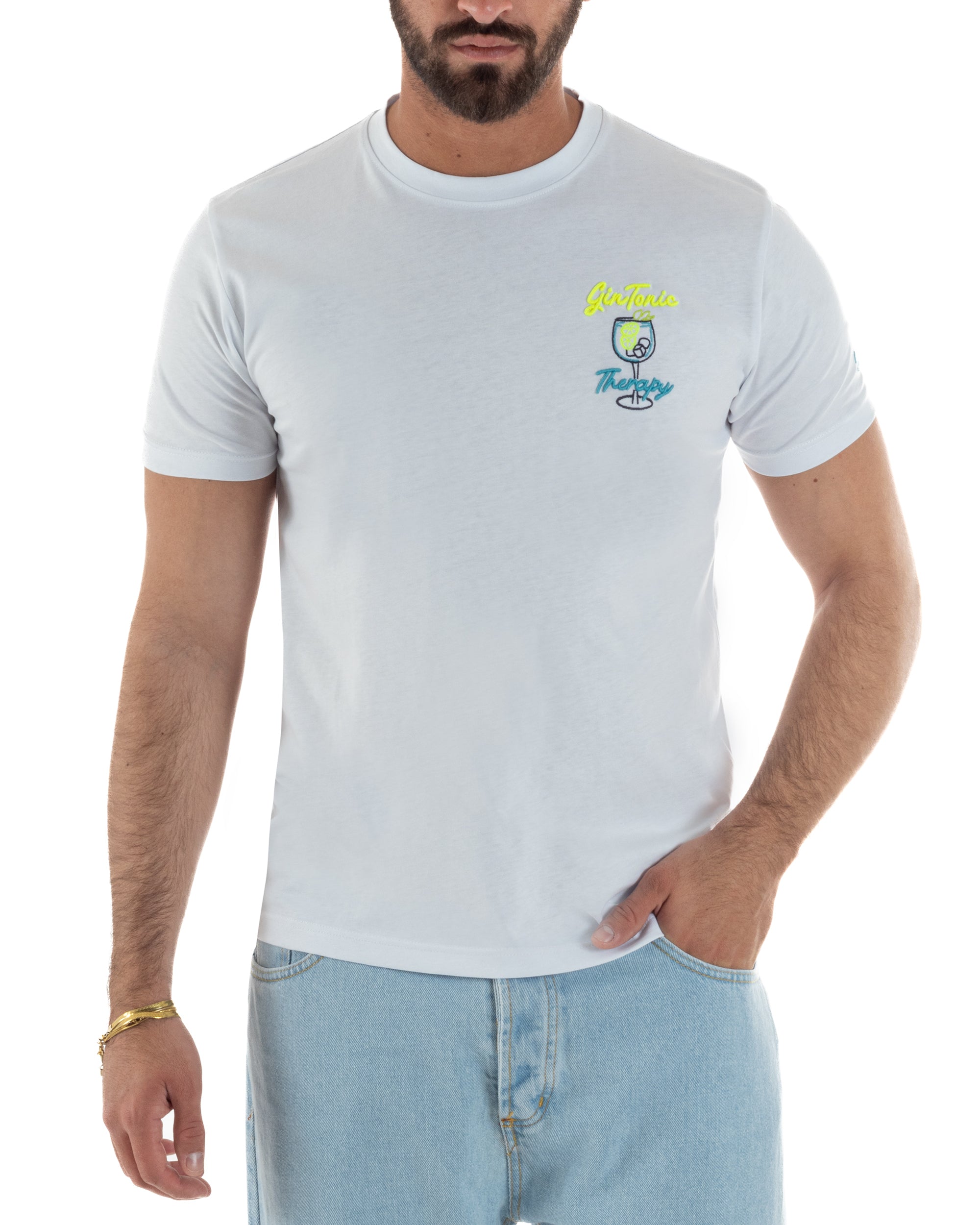T-shirt uomo bianco regular fit ricamo Gin Tonic Therapy calice balloon Superculture