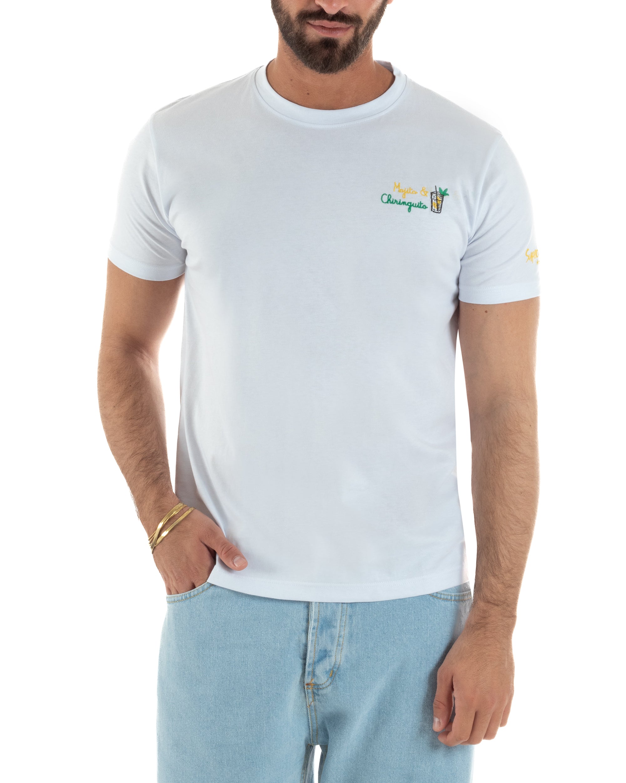 T-shirt uomo bianco regular fit ricamo Mojito Chiringuito bicchiere highball Superculture