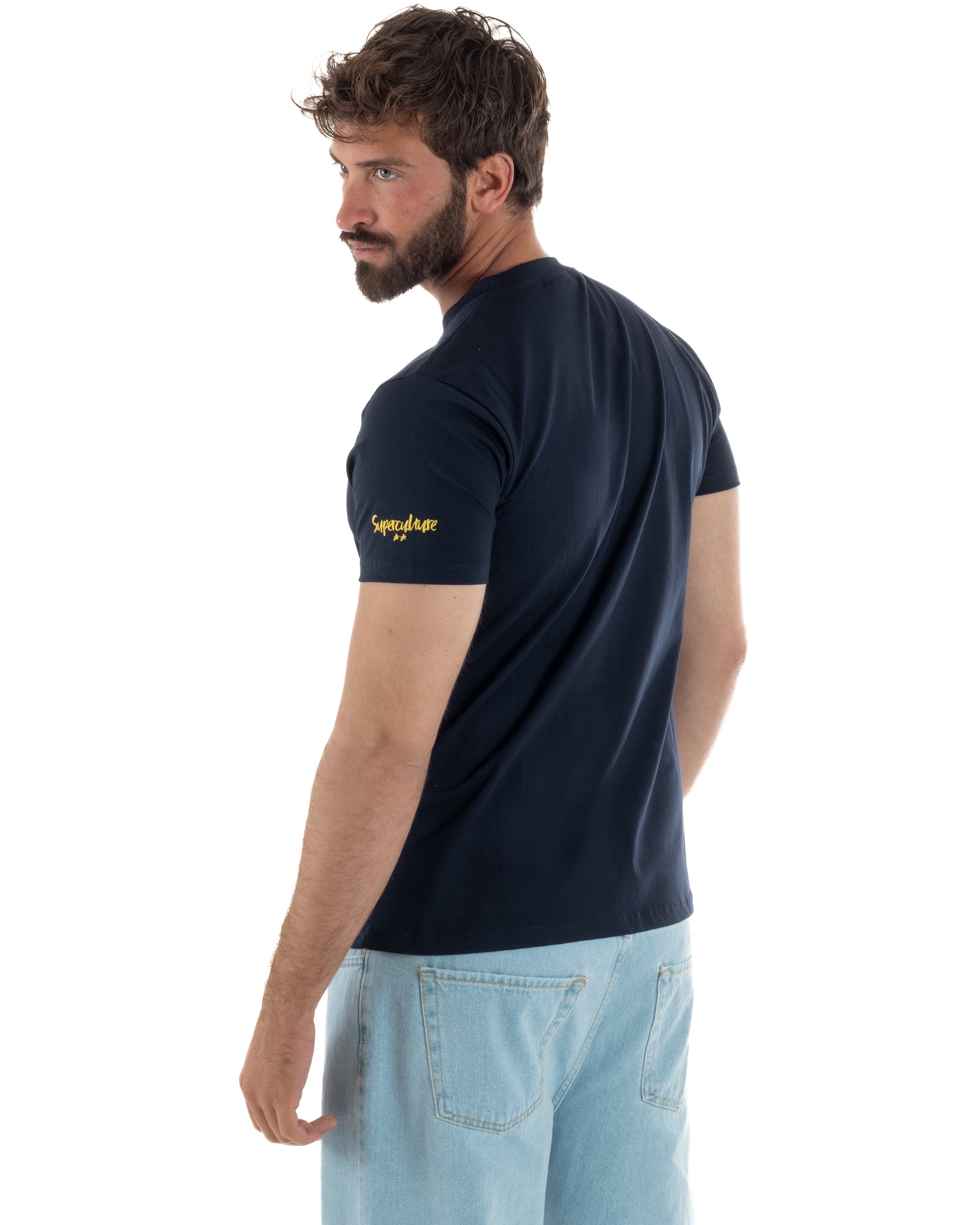 Vista posteriore t-shirt uomo blu girocollo ricamo Mojito retro pulito 100% cotone made in Italy