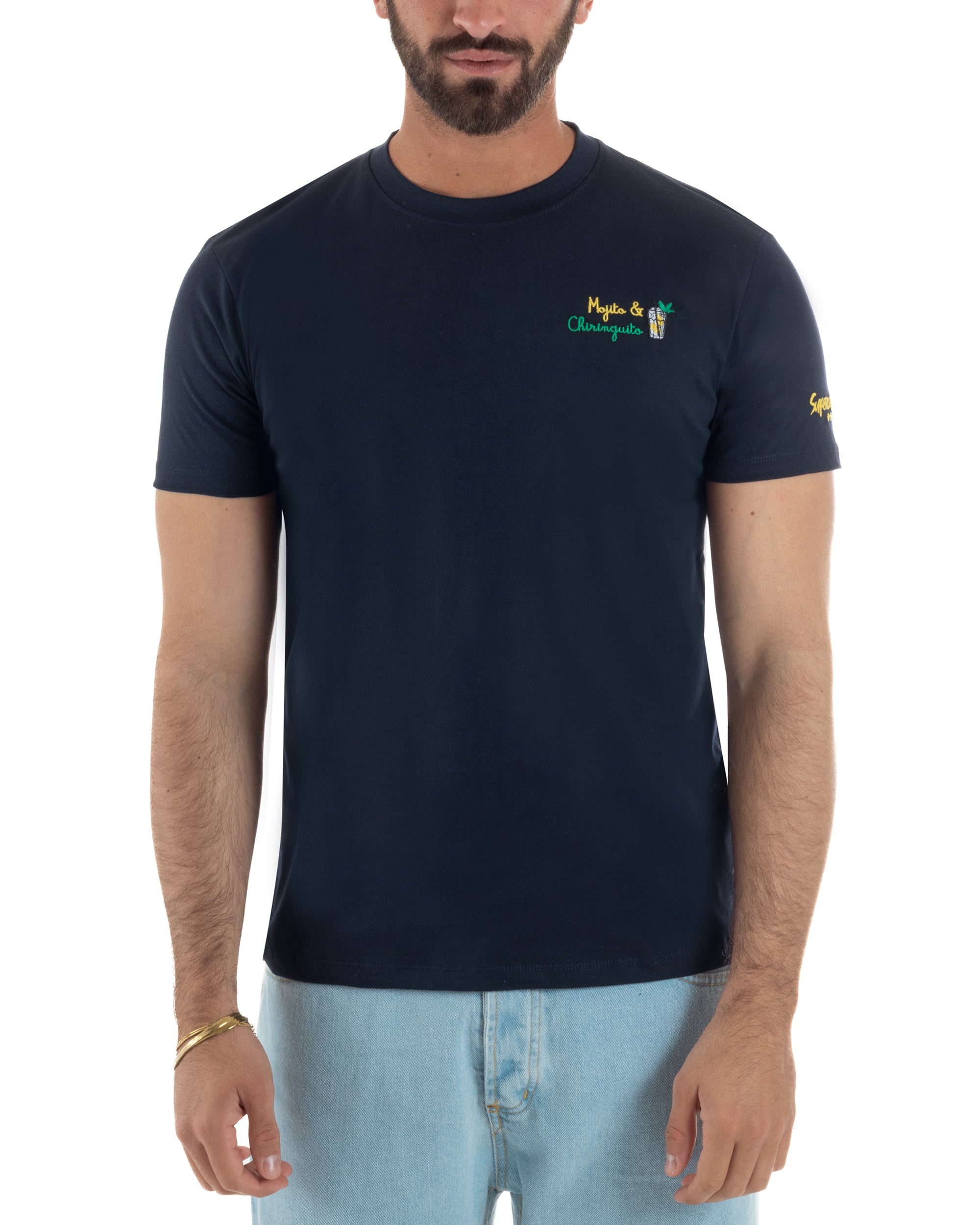 Vista frontale t-shirt blu uomo ricamo multicolore Mojito filo giallo verde Superculture