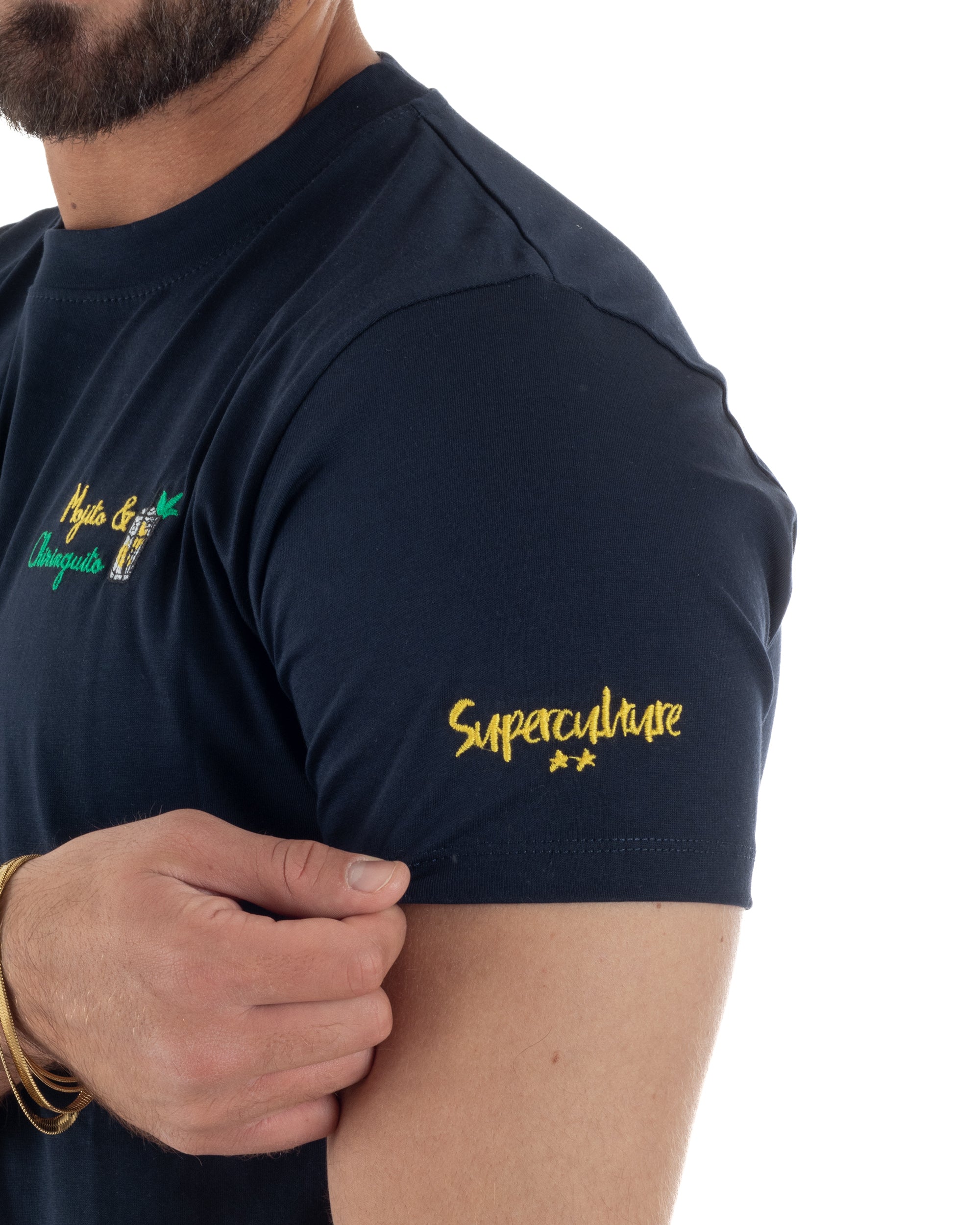 Dettaglio logo Superculture ricamato manica sinistra filo giallo due stelle blu