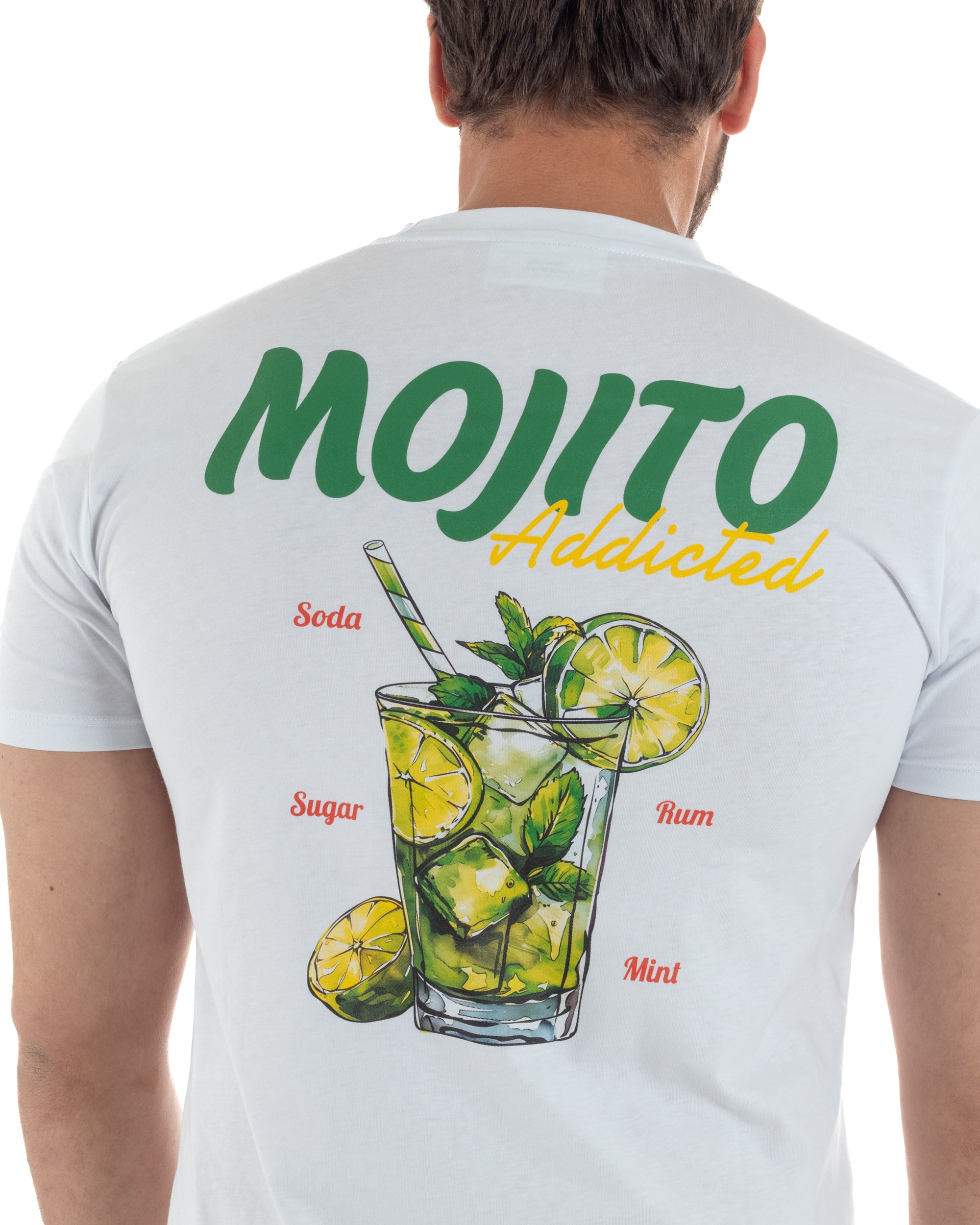 Vista posteriore t-shirt uomo bianco girocollo ricamo stampa retro Mojito 100% cotone made in Italy