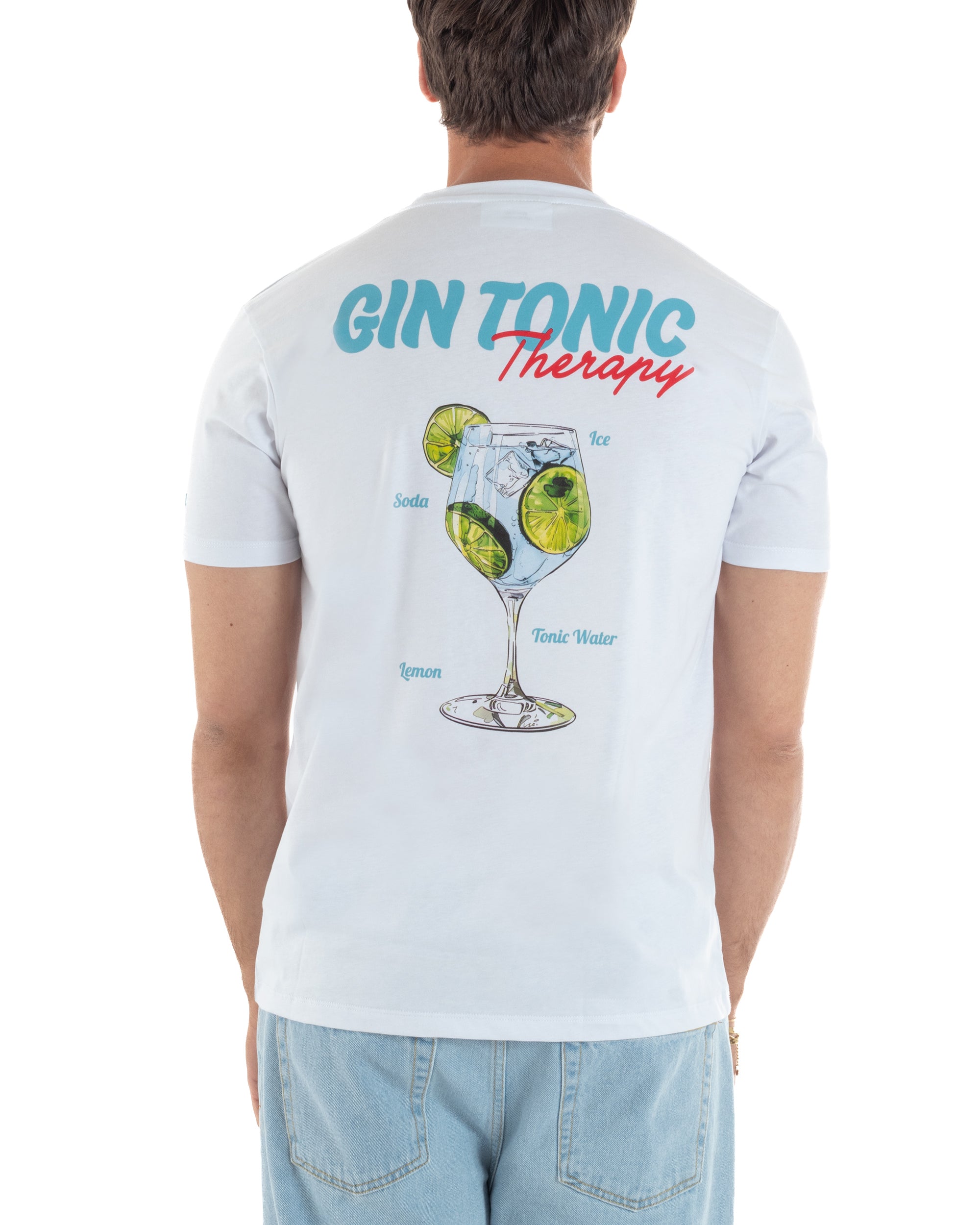 Vista posteriore t-shirt uomo bianco girocollo ricamo stampa retro Gin Tonic 100% cotone made in Italy