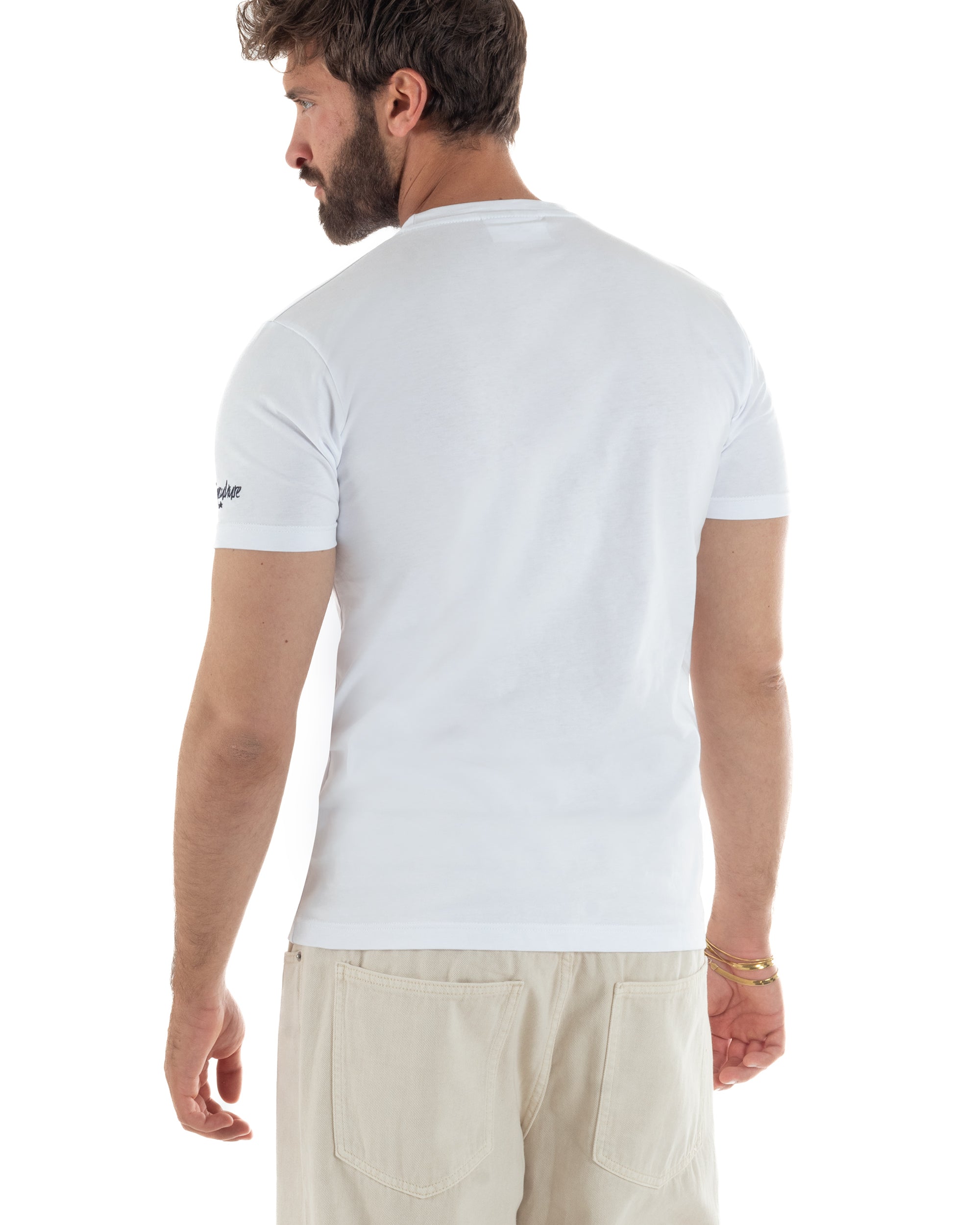 Vista posteriore t-shirt uomo bianco girocollo stampa bear surf lifestyle 100% cotone made in Italy