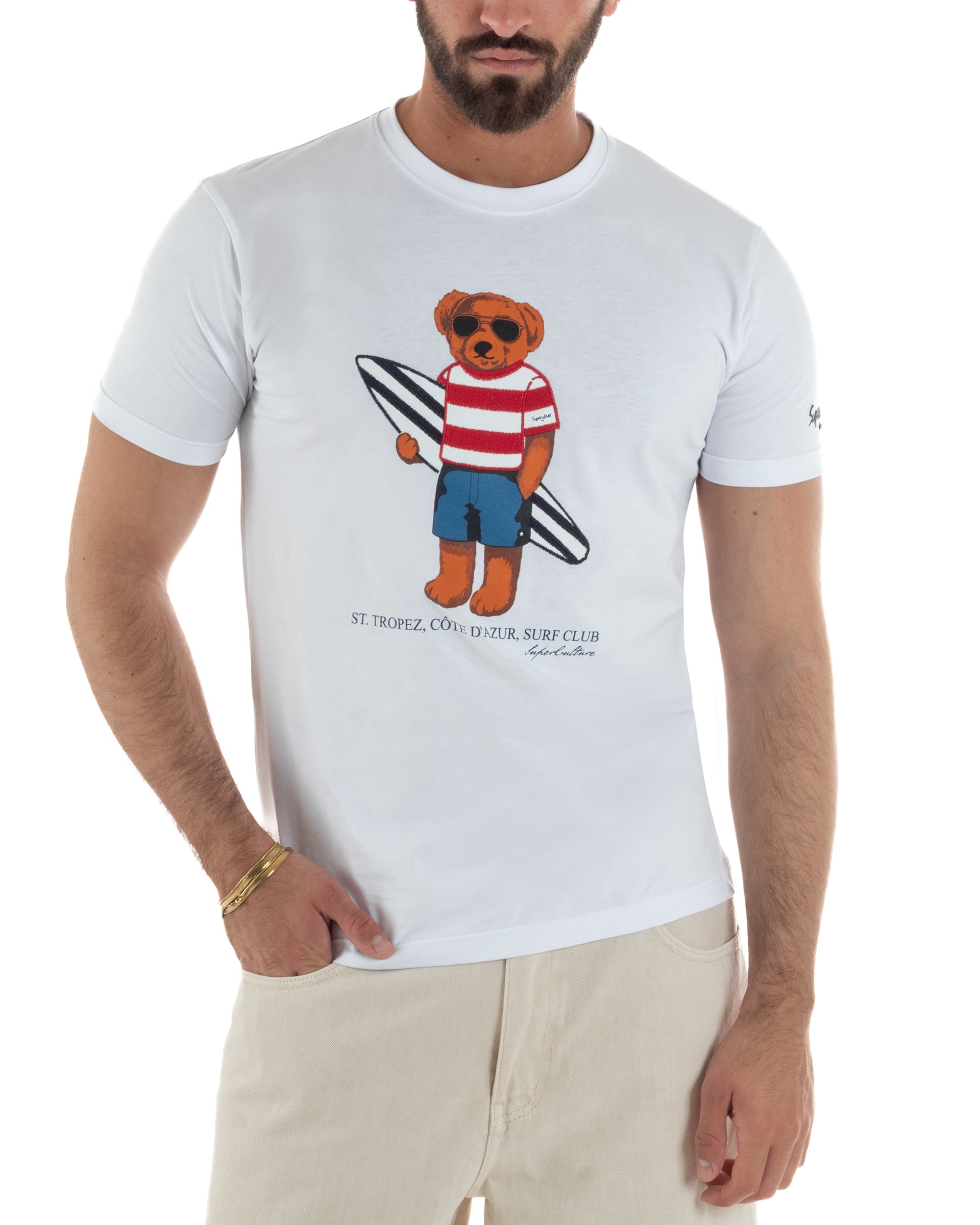 T-shirt uomo bianco regular fit stampa Superculture Bear surfer St. Tropez Côte d'Azur