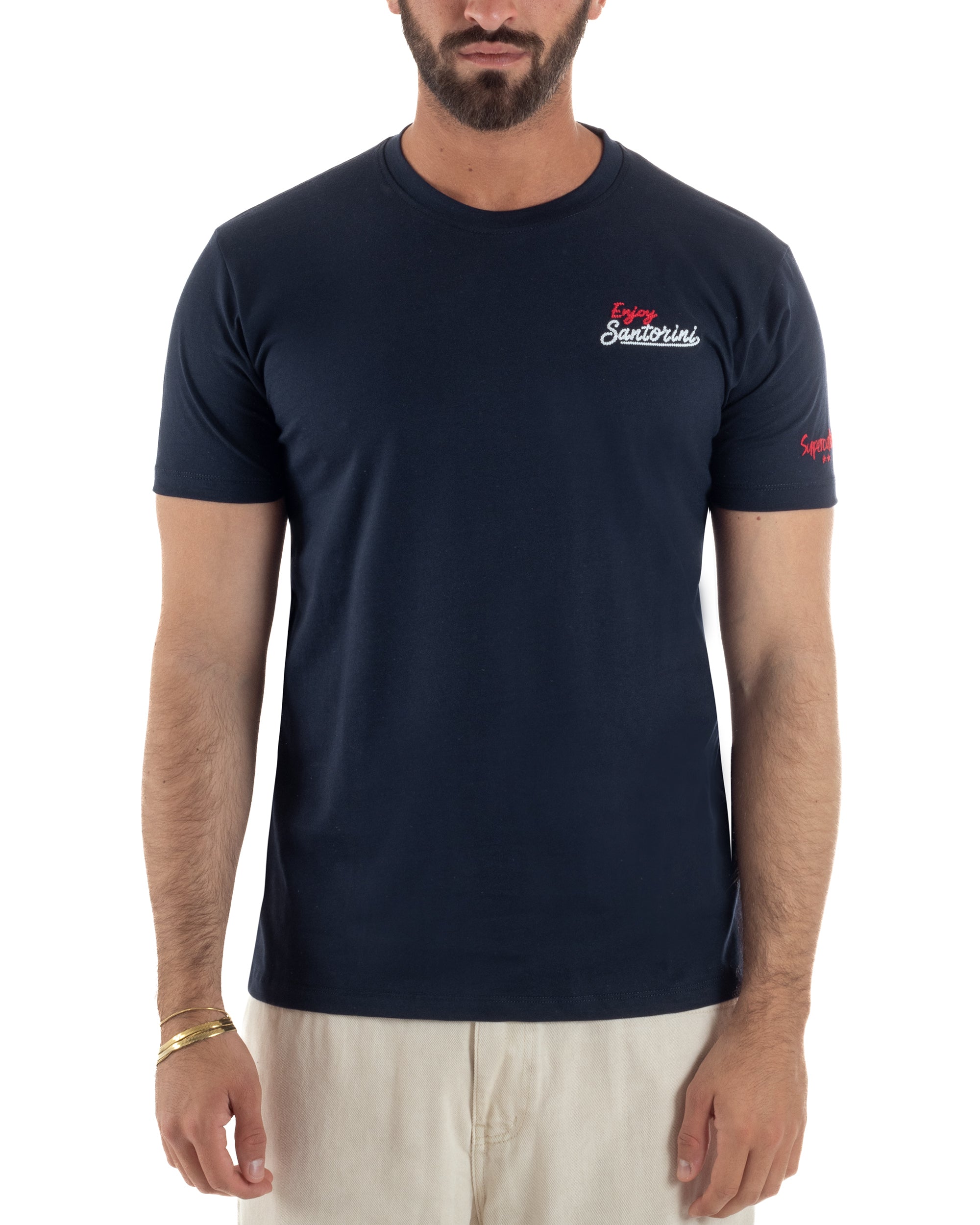 T-shirt uomo girocollo ricamo stampa santorini basic blu SUPERCULTURE-A1831